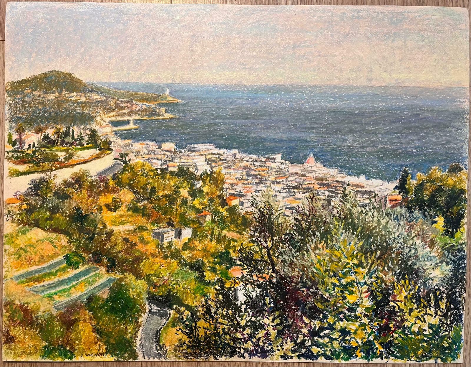 Josine Vignonmid Century French Pastel Drawing Of Sunlit Coastal Town And Calm Blue Sea1950's photo furniture