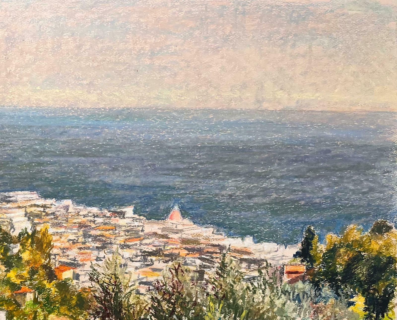 Josine Vignonmid Century French Pastel Drawing Of Sunlit Coastal Town And Calm Blue Sea1950's photo Art