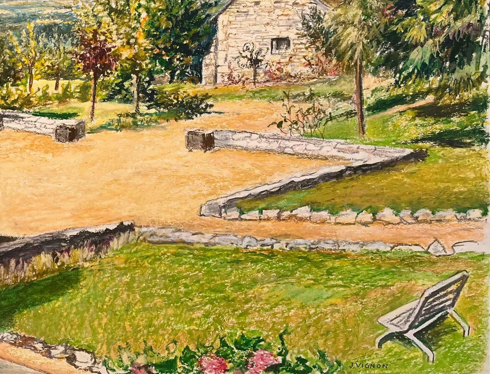 Josine Vignonmid Century French Original Pastel Drawing Of Stone House With Courtyard1950's photo 891.0