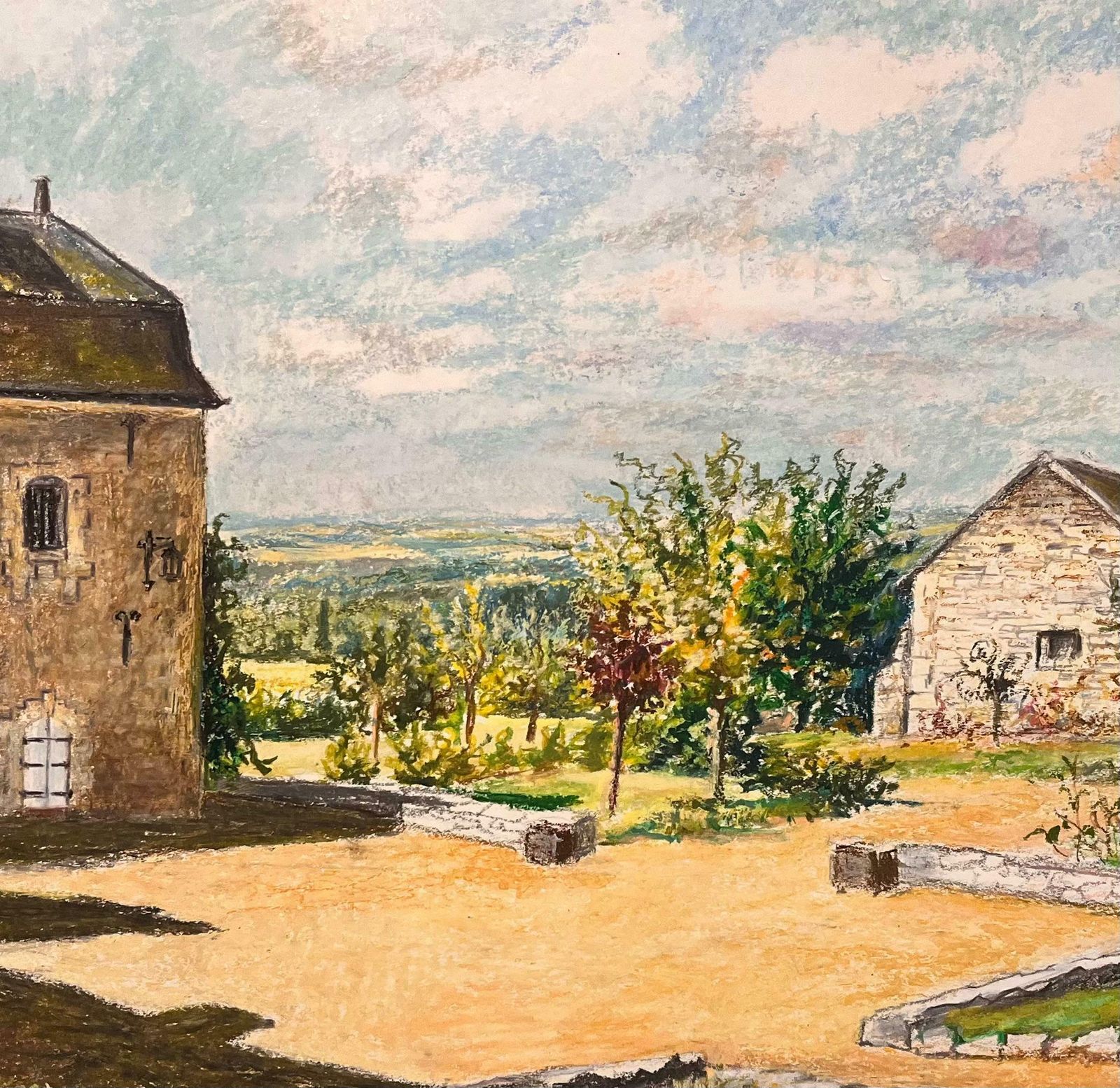 Josine Vignonmid Century French Original Pastel Drawing Of Stone House With Courtyard1950's photo buy