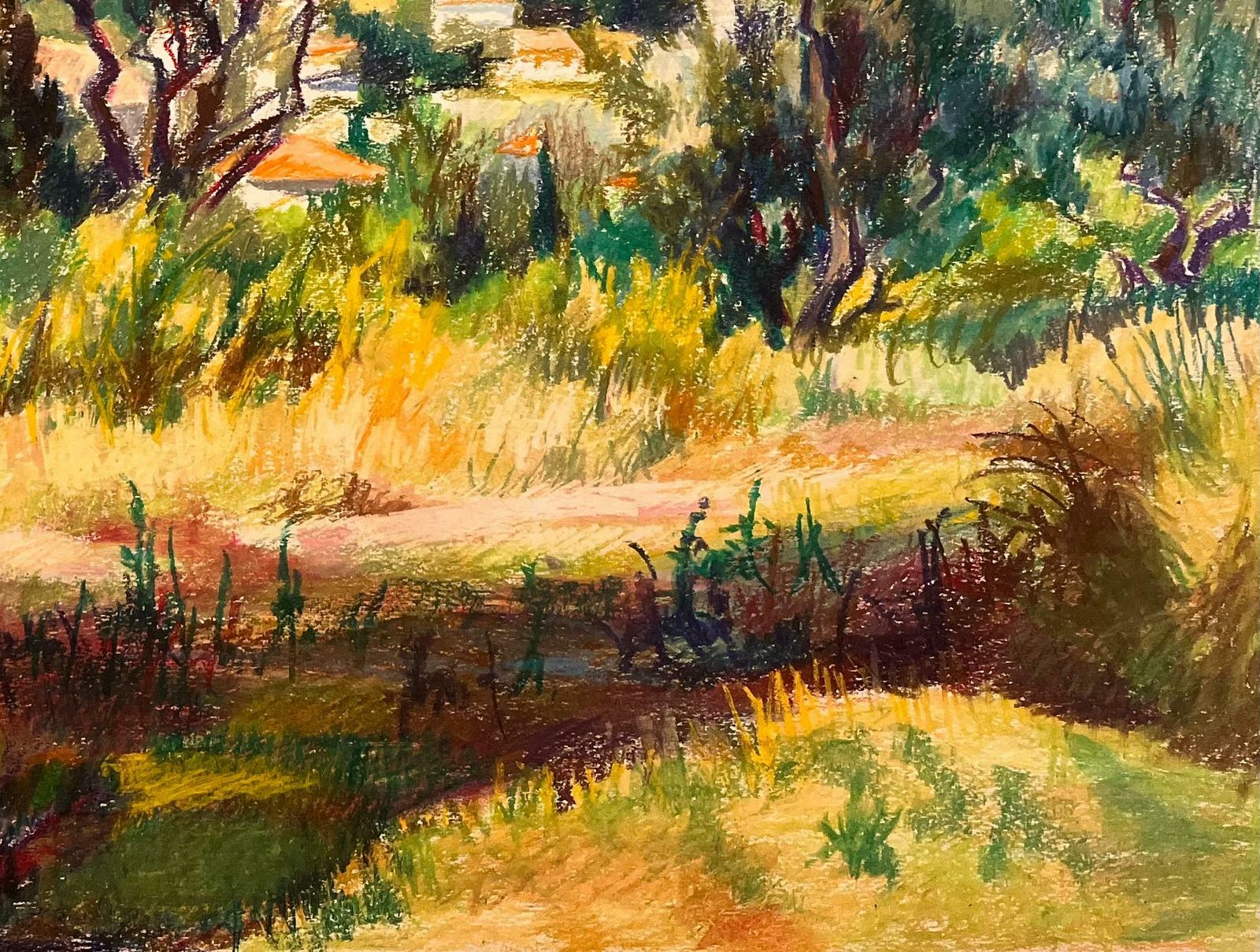 Josine Vignonmid Century French Original Pastel Drawing Of Hilltop View Overlooking Village1950's photo vinterior