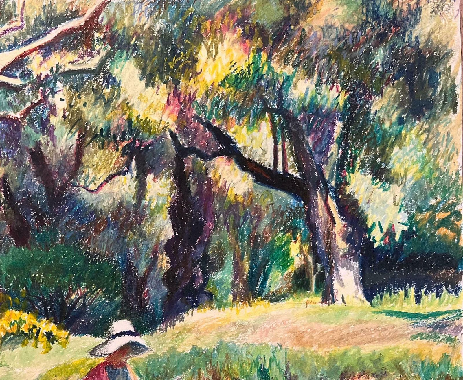 Josine Vignonmid Century French Original Pastel Drawing Of Woman Reading In A Sunlit Garden1950's photo Art