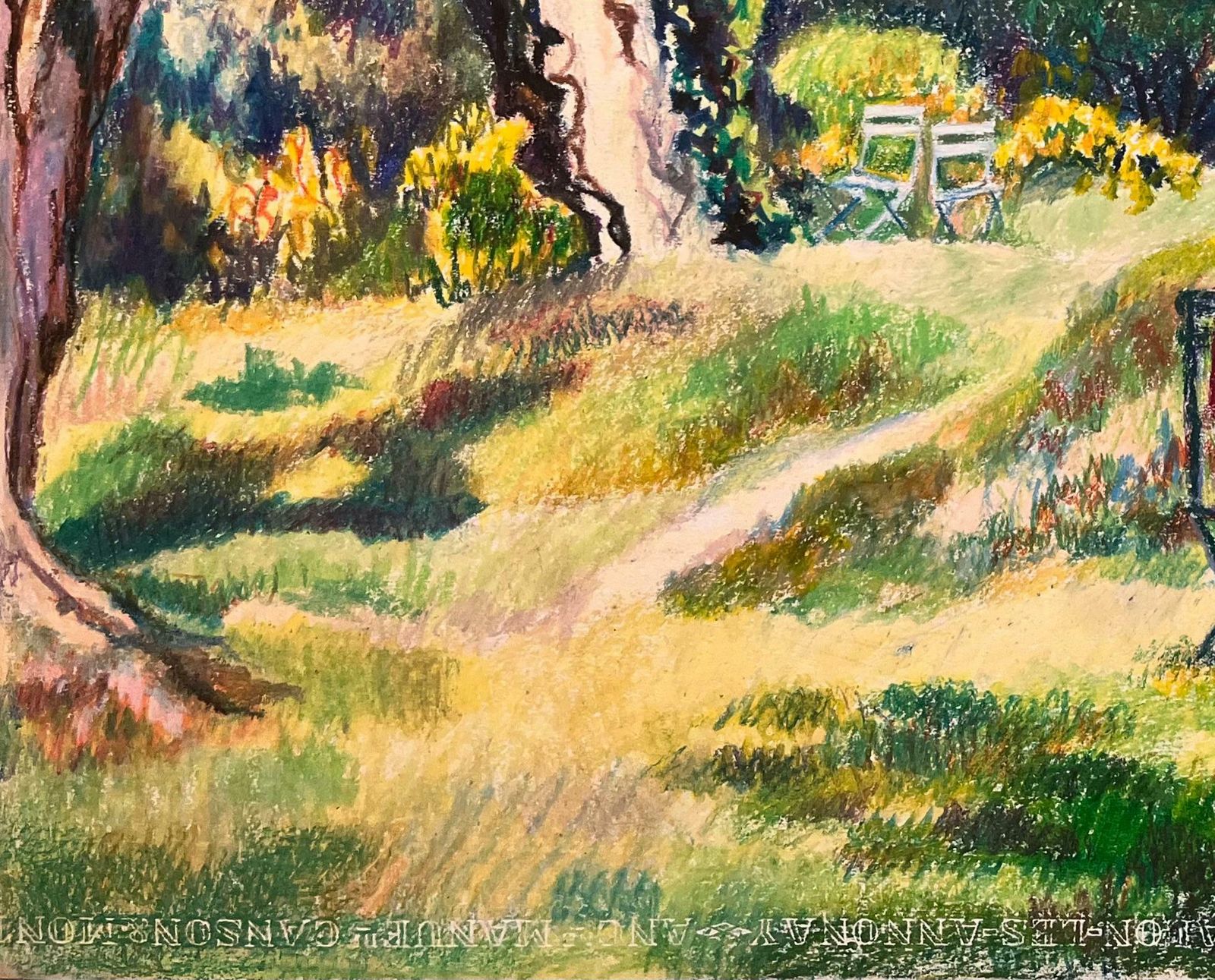 Josine Vignonmid Century French Original Pastel Drawing Of Woman Reading In A Sunlit Garden1950's photo vinterior