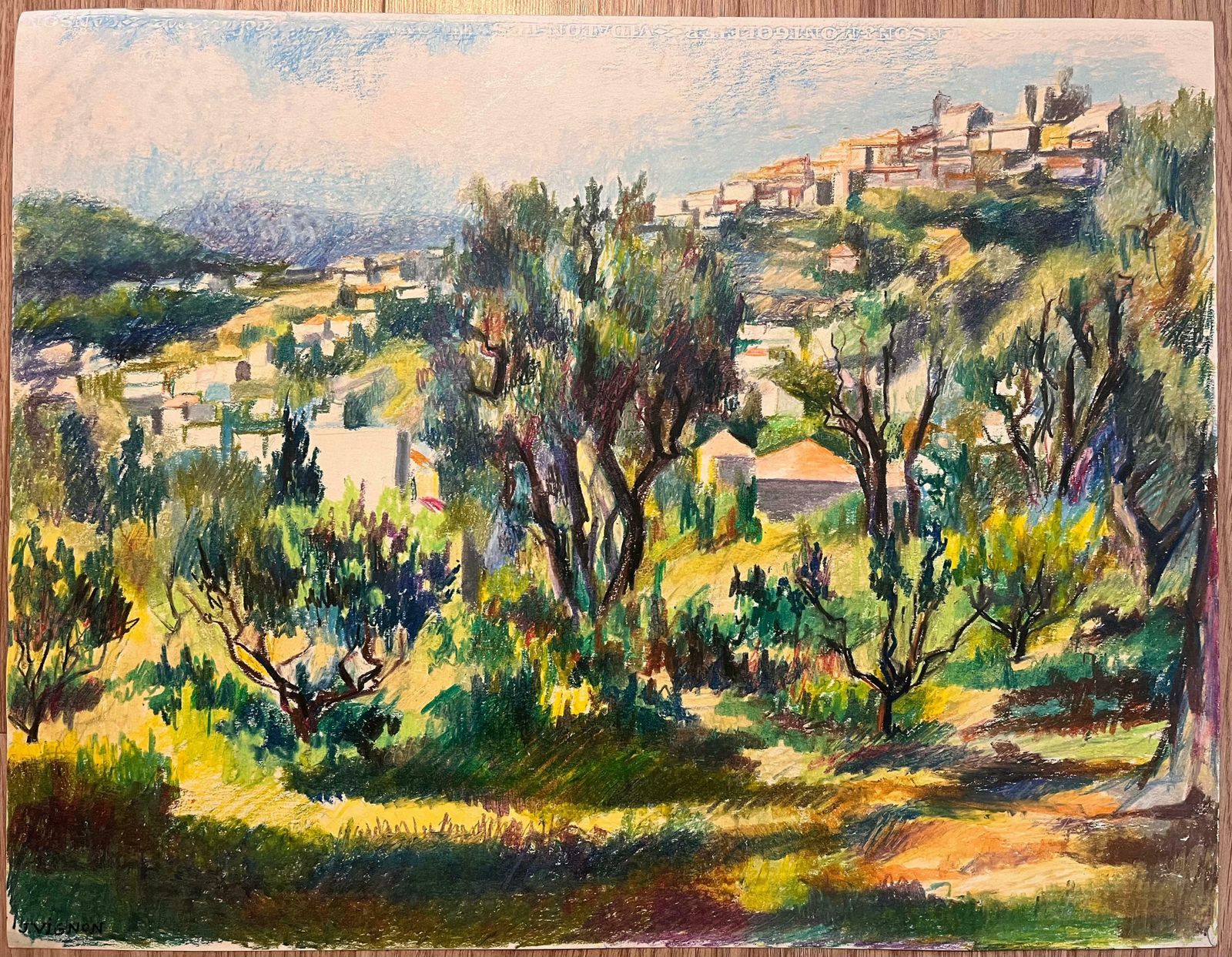 Josine Vignonmid Century French Original Pastel Painting Of Hillside Village With Olive Trees1950's photo furniture