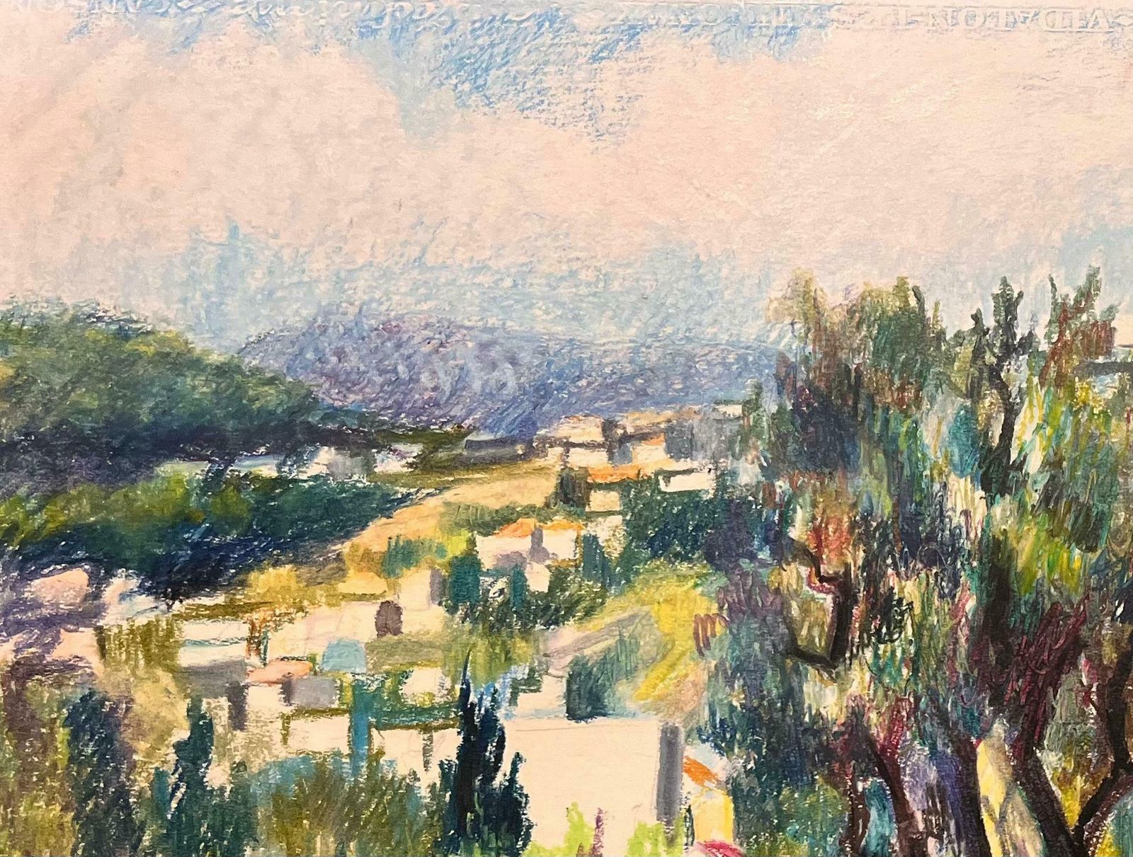 Josine Vignonmid Century French Original Pastel Painting Of Hillside Village With Olive Trees1950's photo for sale