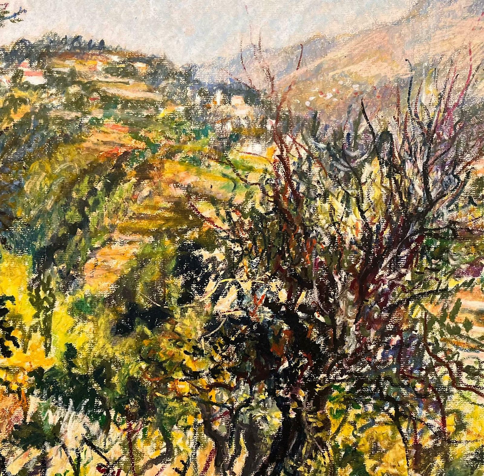 Josine Vignonmid Century French Pastel Drawing Of Mountain View With Sunlit Foliage1950's photo buy