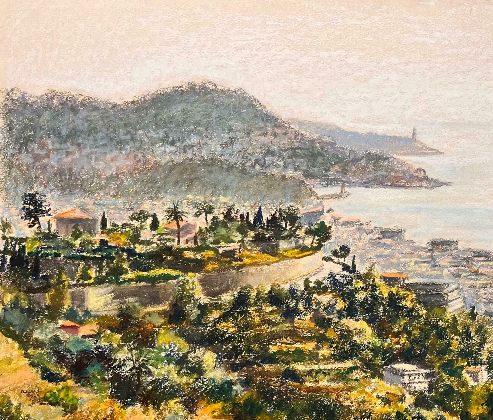 Josine Vignonmid Century French Pastel Drawing Of Coastal Hillside With Sea And Town View1950's photo for sale
