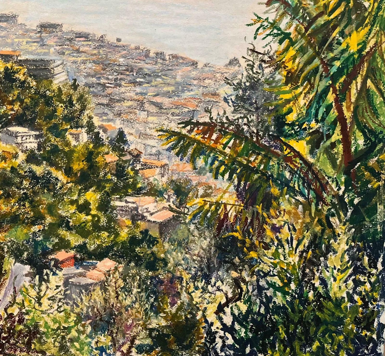 Josine Vignonmid Century French Pastel Drawing Of Coastal Hillside With Sea And Town View1950's photo 865.0
