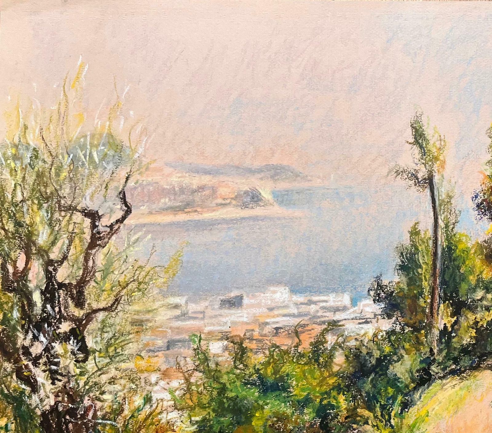 Josine Vignonmid Century French Pastel Drawing Of Hillside View Looking Down To Coastal Town1950's photo for sale