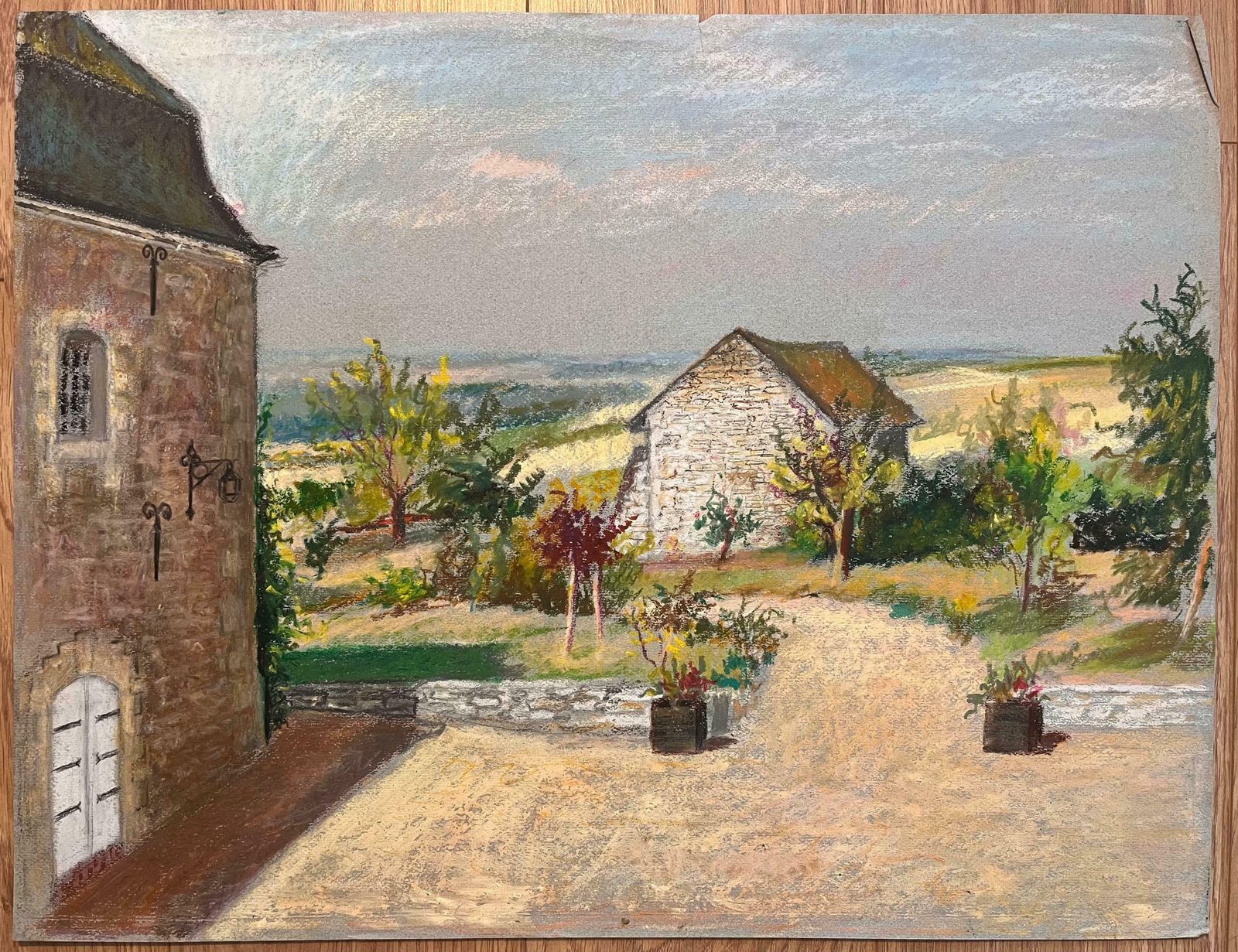 Josine Vignonmid Century French Pastel Drawing Of Courtyard With Stone Buildings And Garden1950's photo for sale
