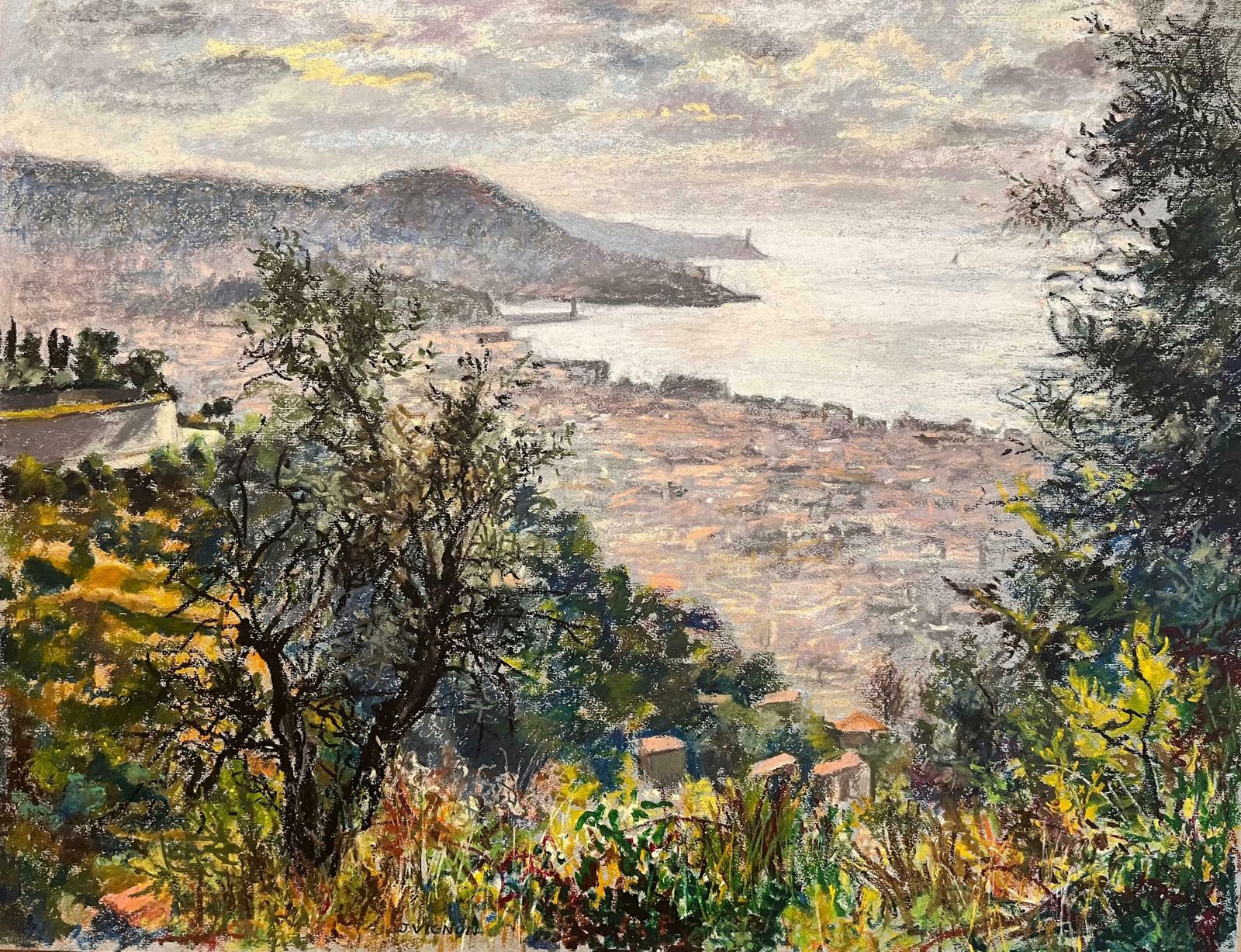 Josine Vignonmid Century French Pastel Drawing Of Coastal Town With Hills Overlooking The Sea1950's