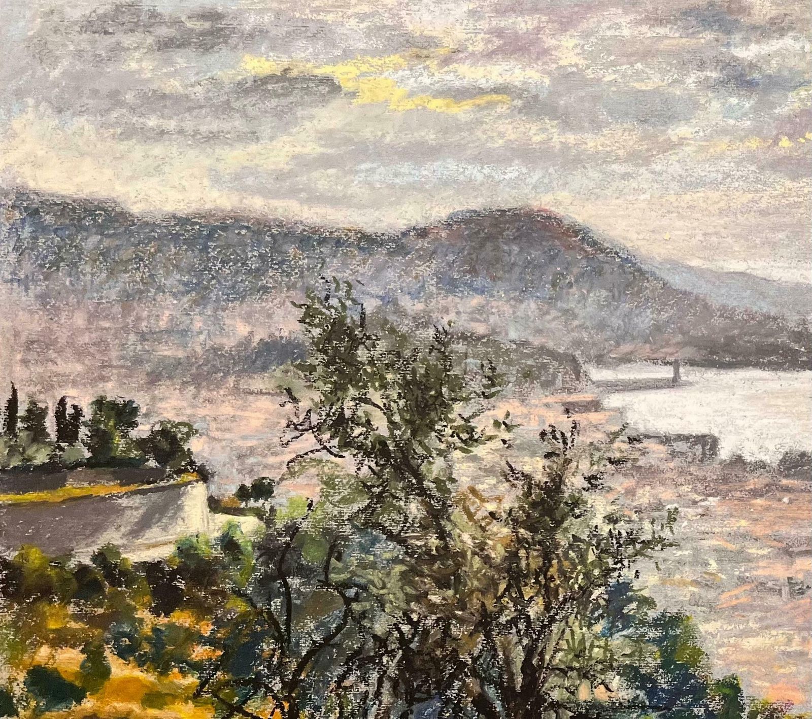 Josine Vignonmid Century French Pastel Drawing Of Coastal Town With Hills Overlooking The Sea1950's photo for sale