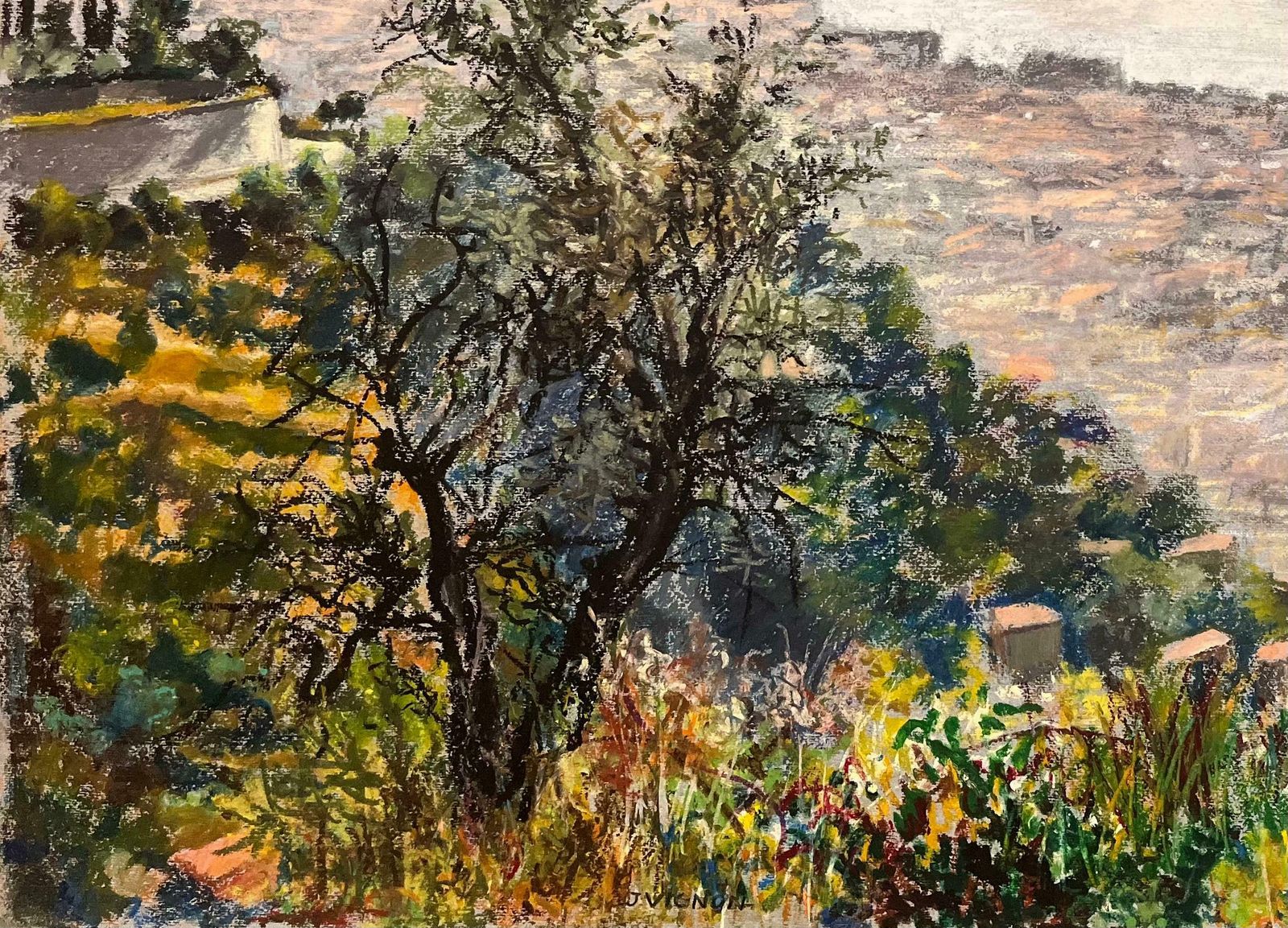 Josine Vignonmid Century French Pastel Drawing Of Coastal Town With Hills Overlooking The Sea1950's photo vinterior