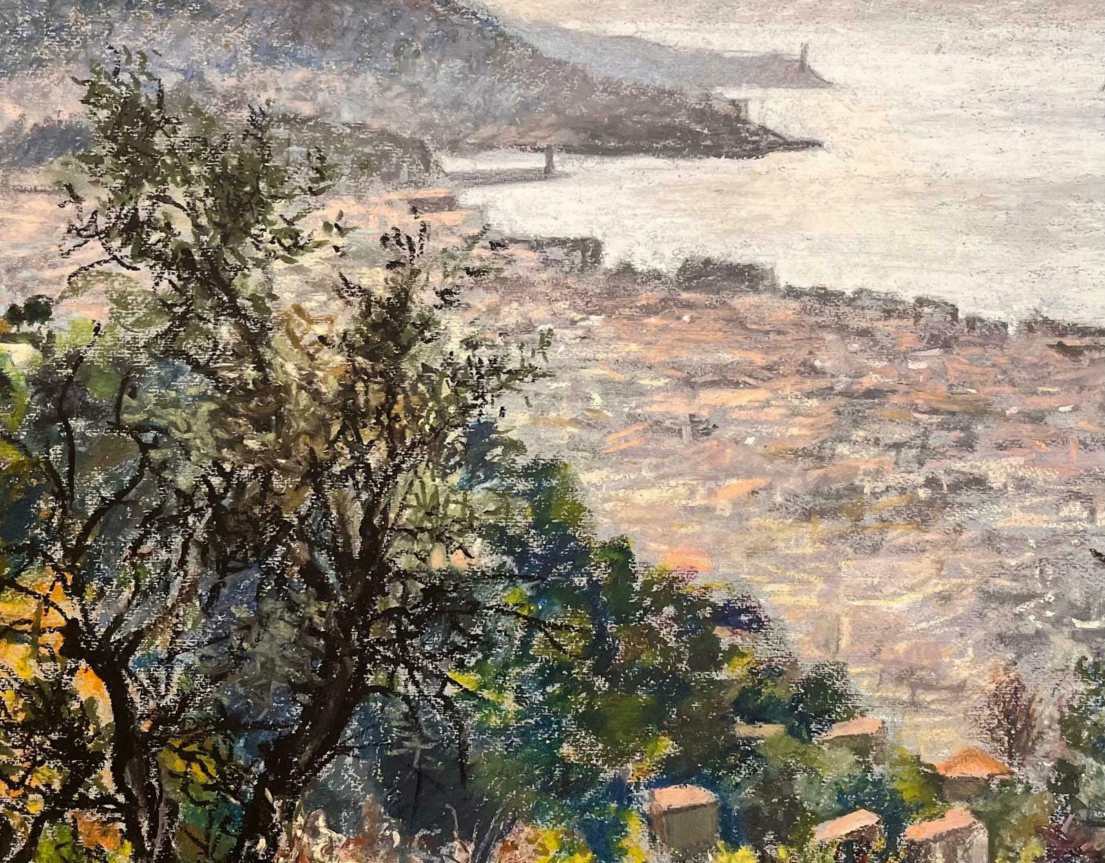 Josine Vignonmid Century French Pastel Drawing Of Coastal Town With Hills Overlooking The Sea1950's photo buy