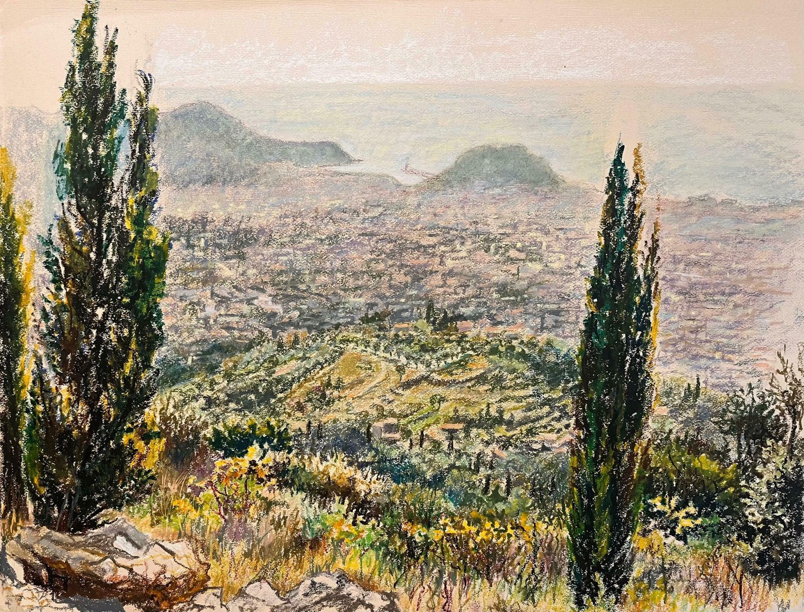 Josine Vignonmid Century French Pastel Drawing Of Distant Hillside View With Cypress Trees1950's
