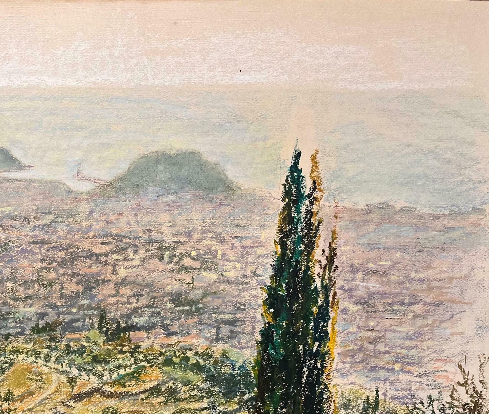 Josine Vignonmid Century French Pastel Drawing Of Distant Hillside View With Cypress Trees1950's photo Art