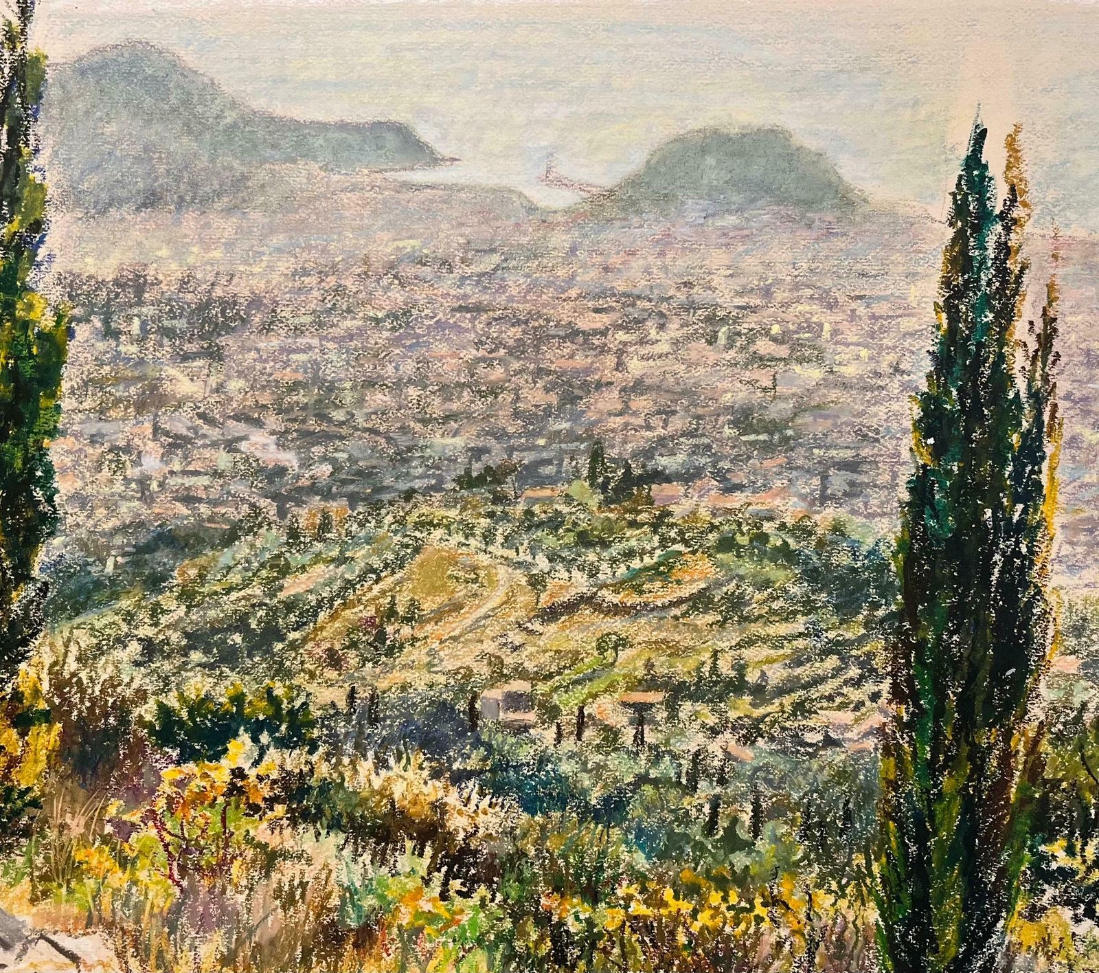 Josine Vignonmid Century French Pastel Drawing Of Distant Hillside View With Cypress Trees1950's photo buy