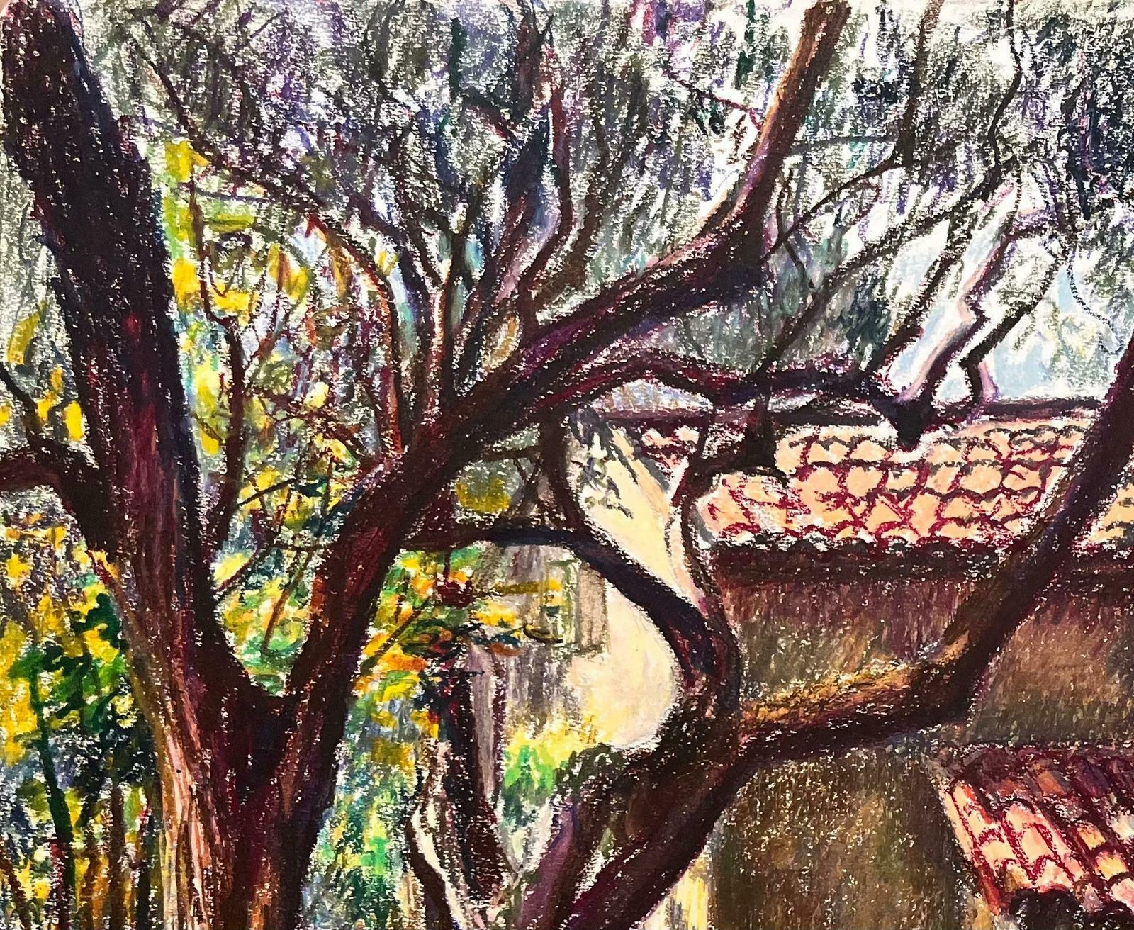 Josine Vignonmid Century French Pastel Drawing Of Cottage Surrounded By Trees1950's photo for sale