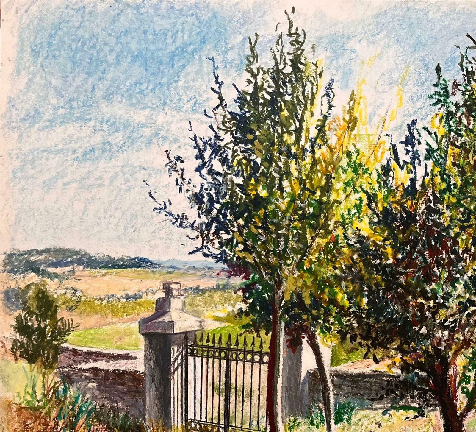 Josine Vignonmid Century French Original Pastel Drawing Sunlit Landscape With Iron Gate1950's photo for sale