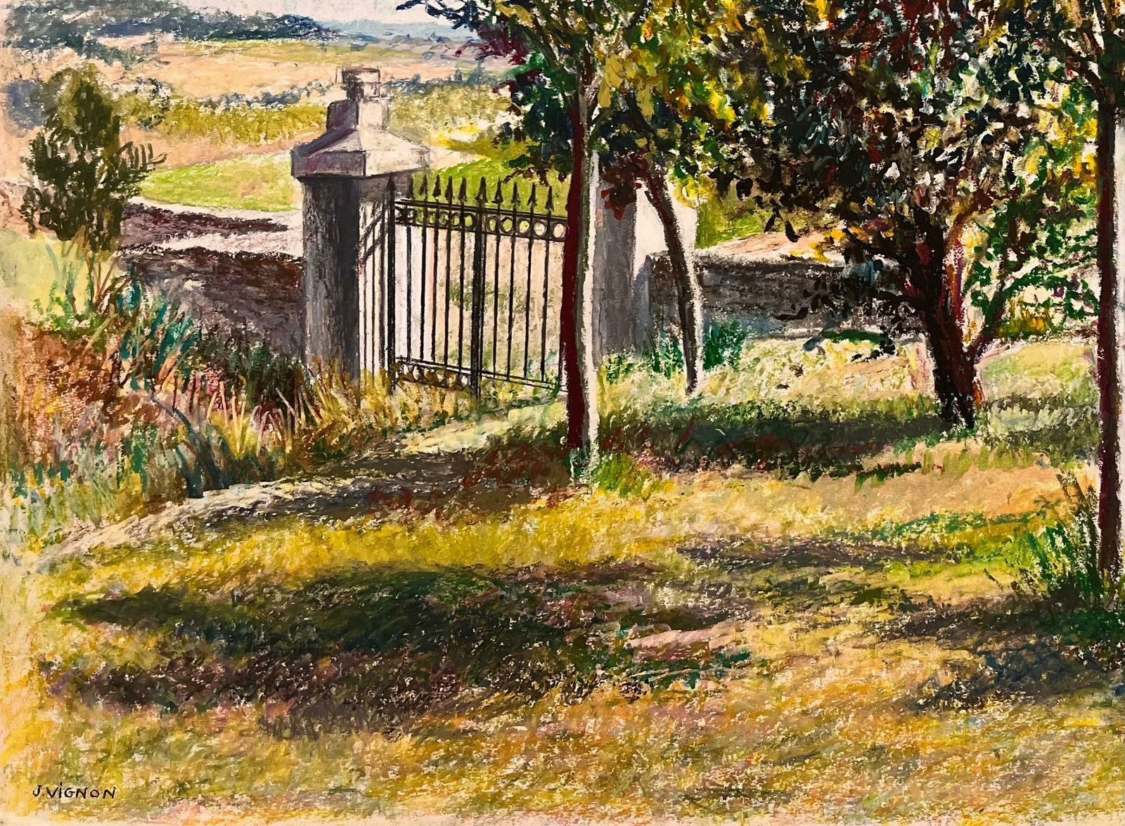 Josine Vignonmid Century French Original Pastel Drawing Sunlit Landscape With Iron Gate1950's photo vinterior