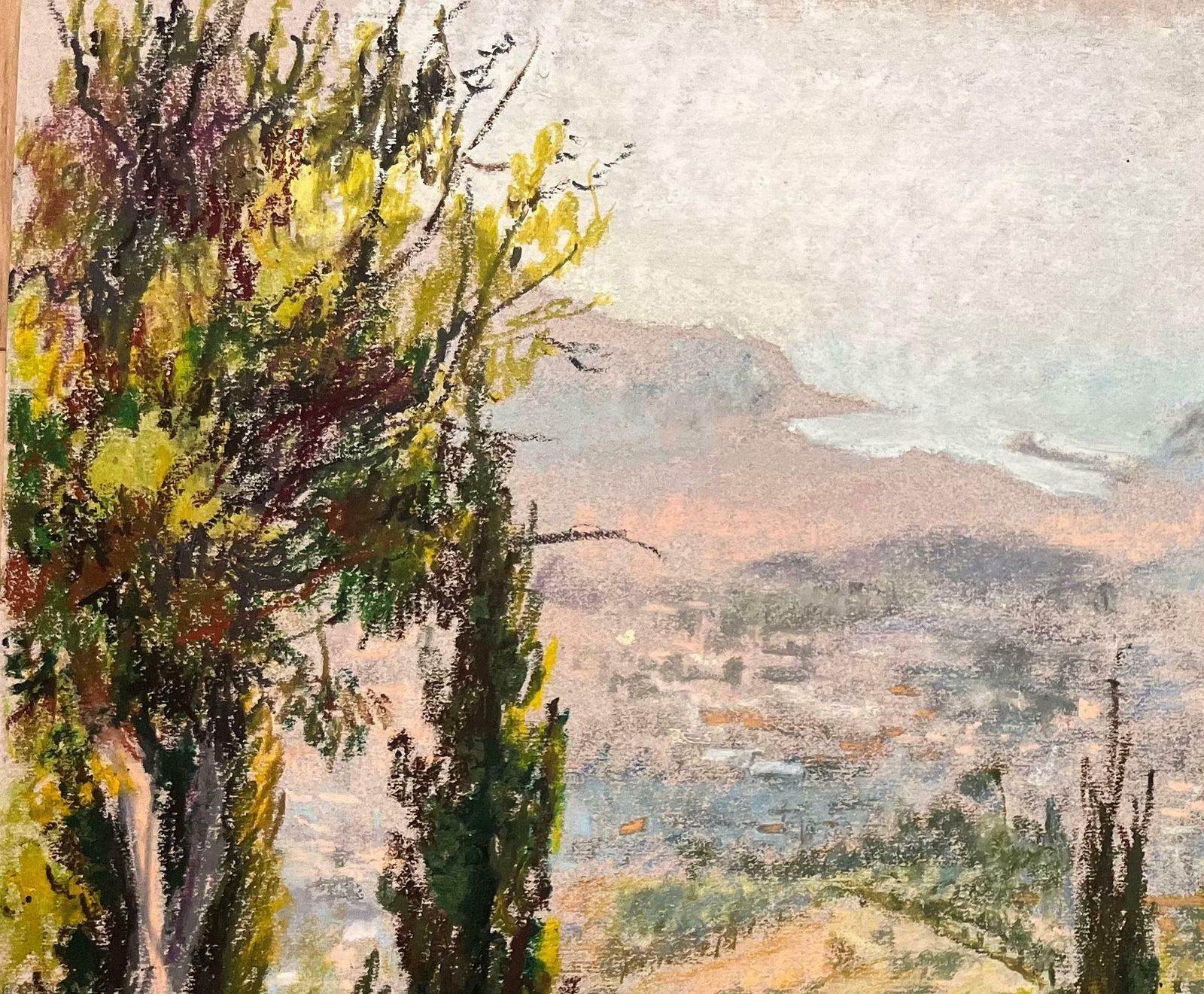 Josine Vignonmid Century French Original Pastel Drawing Of Hillside View With Cypress Trees1950's photo for sale