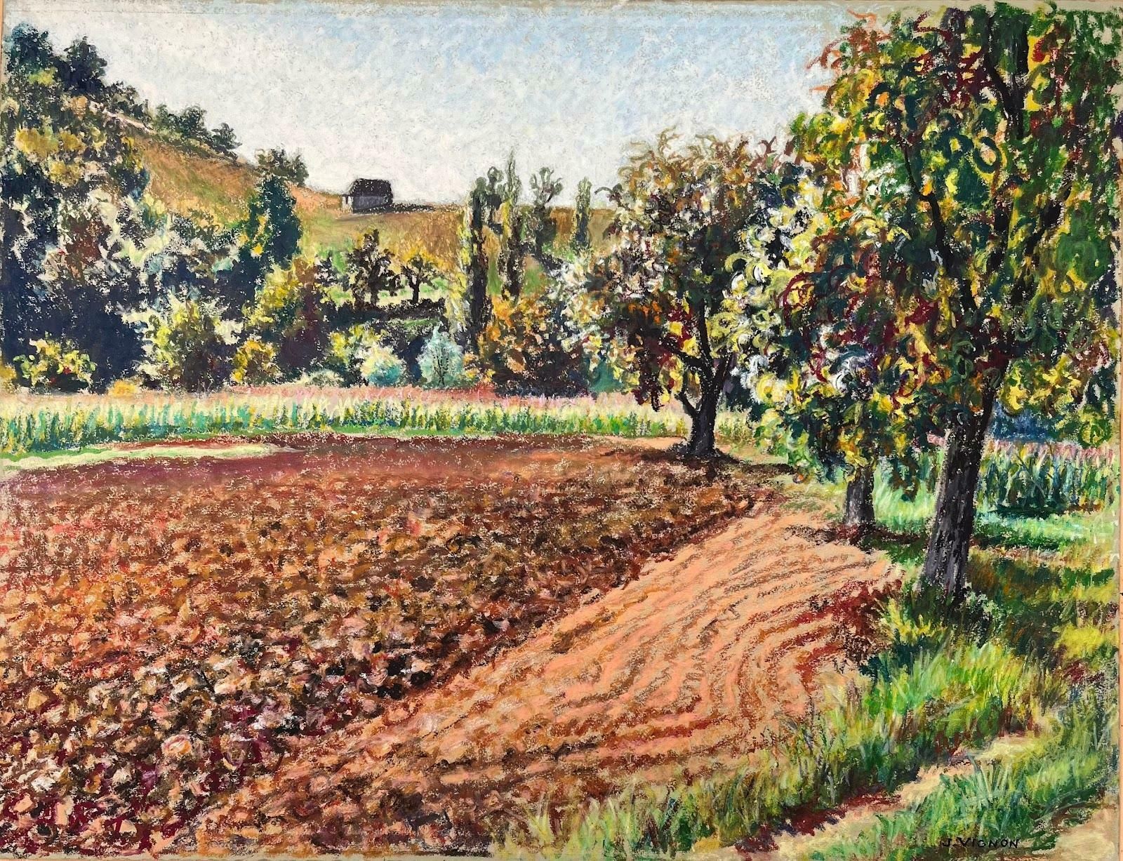 Josine Vignonmid Century French Original Pastel Painting Of A Plowed Field And Orchard1950's photo furniture