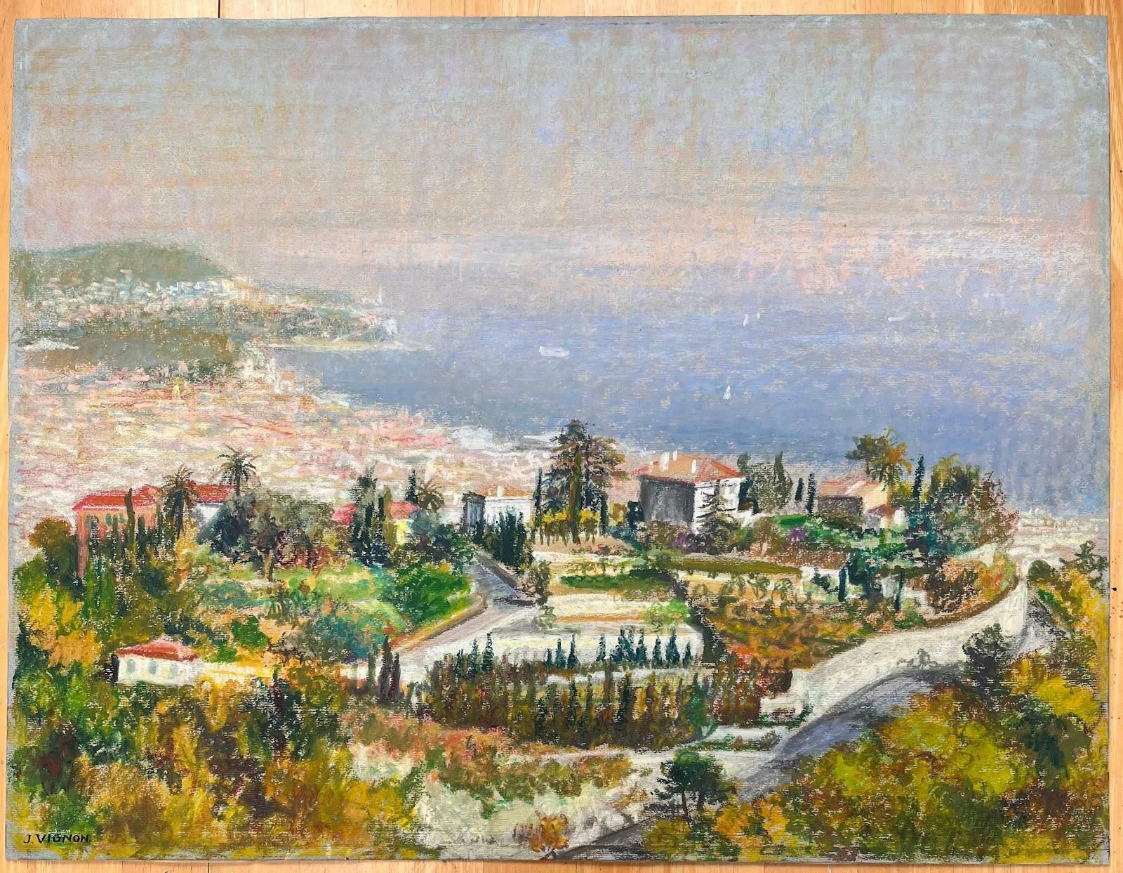 Josine Vignonmid Century French Original Pastel Painting Of A Mediterranean Coastal View1950's