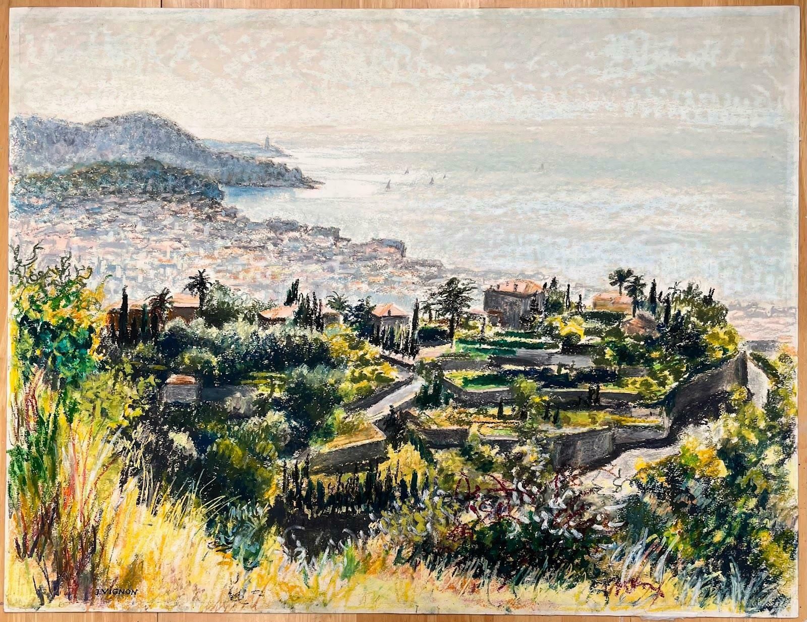 Josine Vignonmid Century French Original Pastel Painting   Coastal View From The Hills1950's