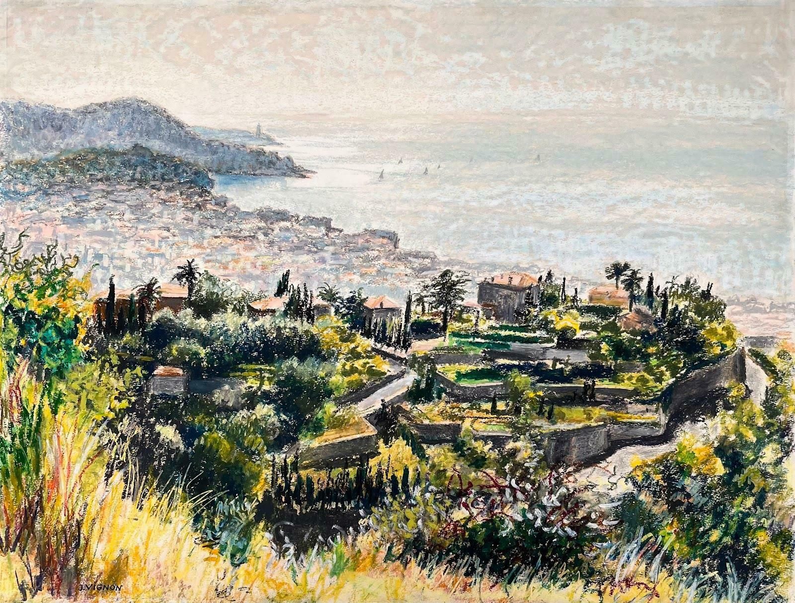 Josine Vignonmid Century French Original Pastel Painting   Coastal View From The Hills1950's photo furniture