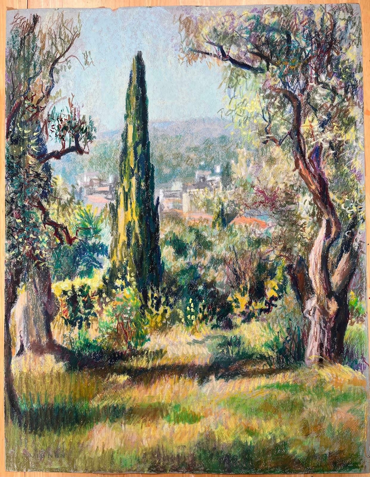 Josine Vignonsunny Provence Landscape With Cypress And Olive Trees Vibrant Pastel Drawing1950's