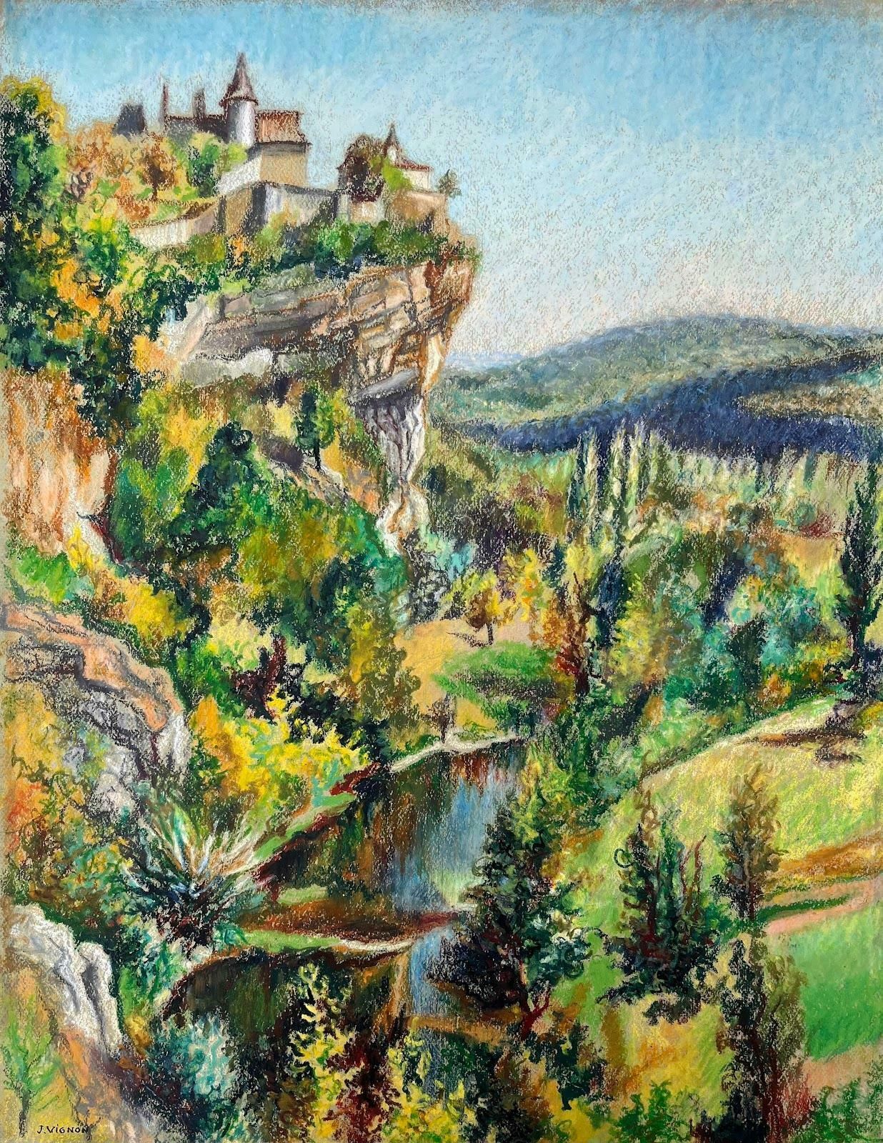Josine Vignonmid Century French Original Pastel Painting Of A Cliffside Village1950's photo furniture