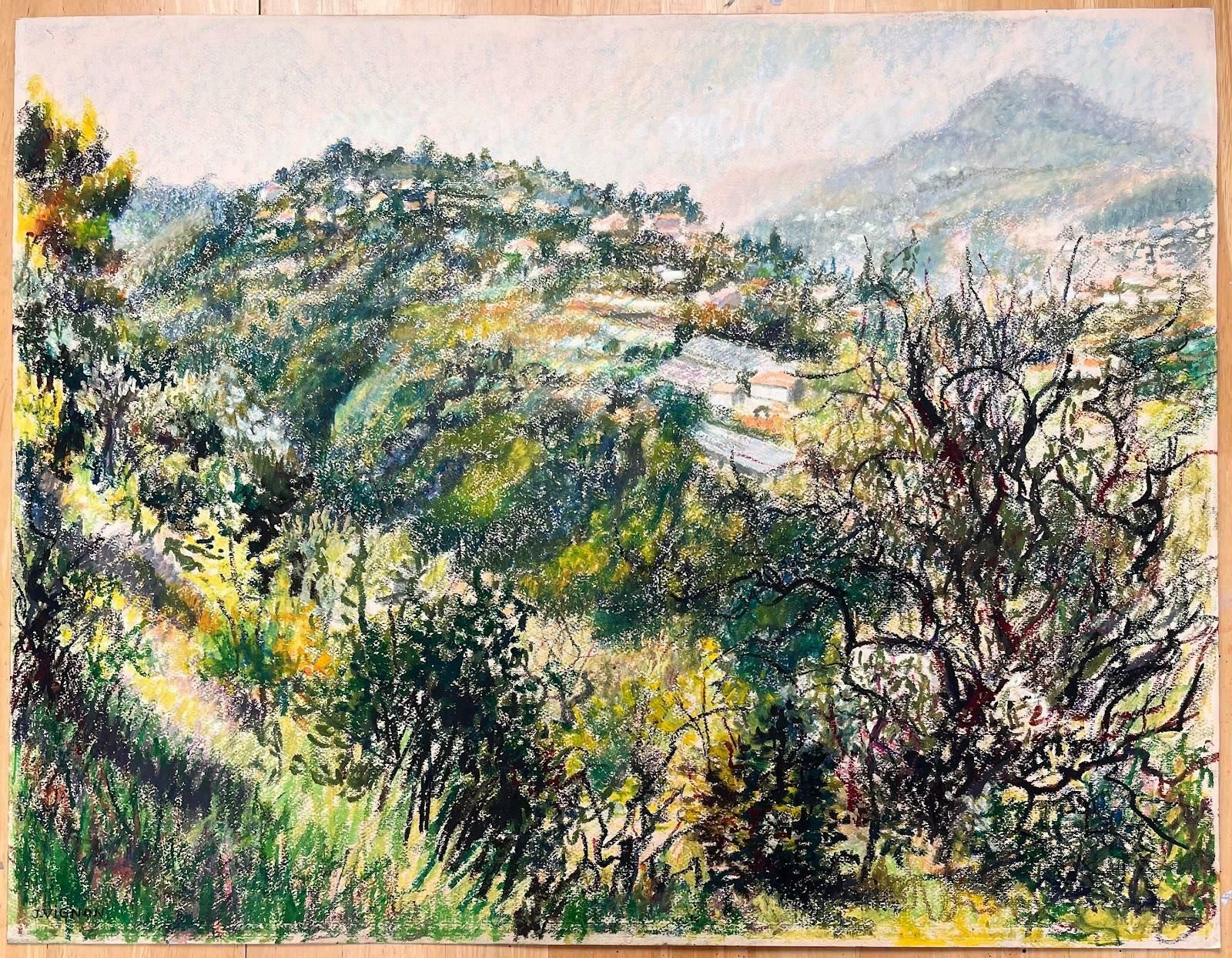 Josine Vignonmid Century French Original Pastel Painting Le Mont Chauve & The Hills Of Nice1950's