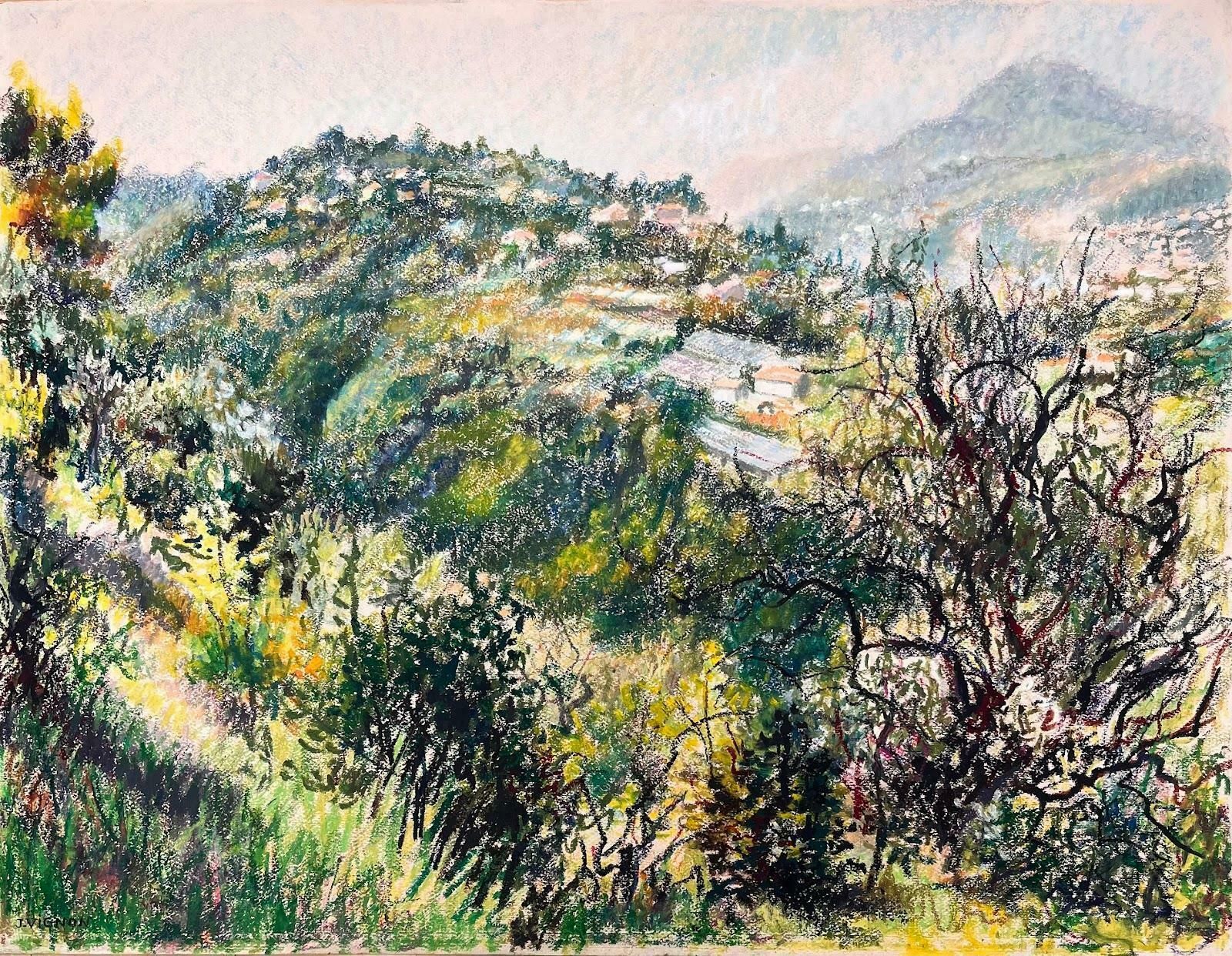 Josine Vignonmid Century French Original Pastel Painting Le Mont Chauve & The Hills Of Nice1950's photo furniture