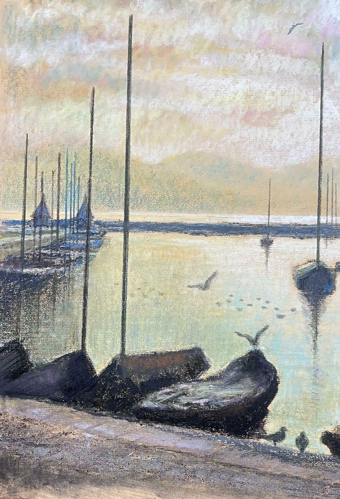 Josine Vignonbirds Flying Over Dappled Light Over Still Harbour 1970s French Pastel Landscape1977 photo for sale