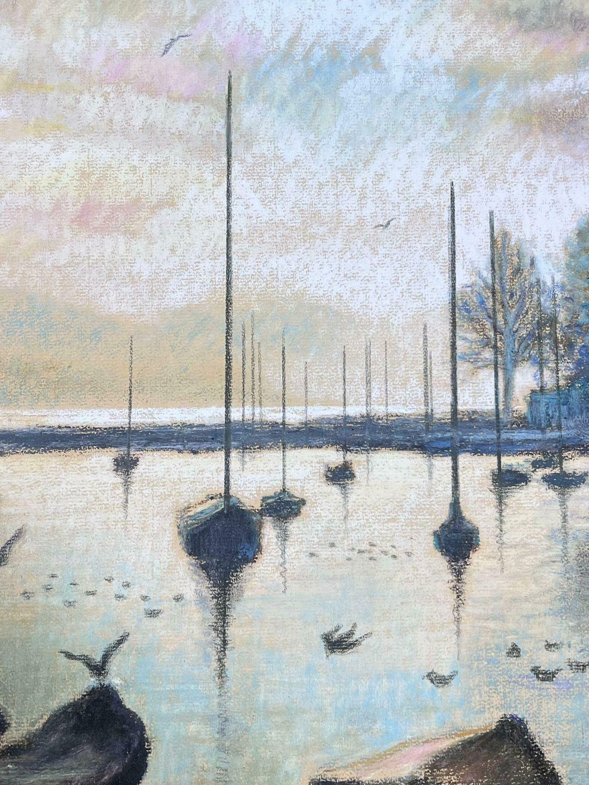 Josine Vignonbirds Flying Over Dappled Light Over Still Harbour 1970s French Pastel Landscape1977 photo Art