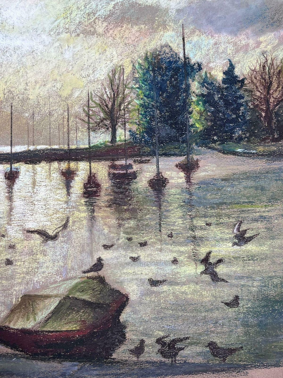 Josine Vignondappled Light Over Still Harbour Large 1970's French Impressionist Pastel 1977 photo furniture