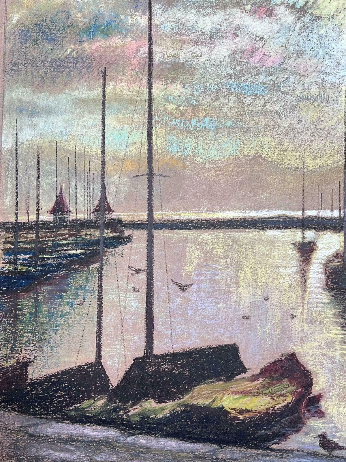 Josine Vignondappled Light Over Still Harbour Large 1970's French Impressionist Pastel 1977 photo for sale