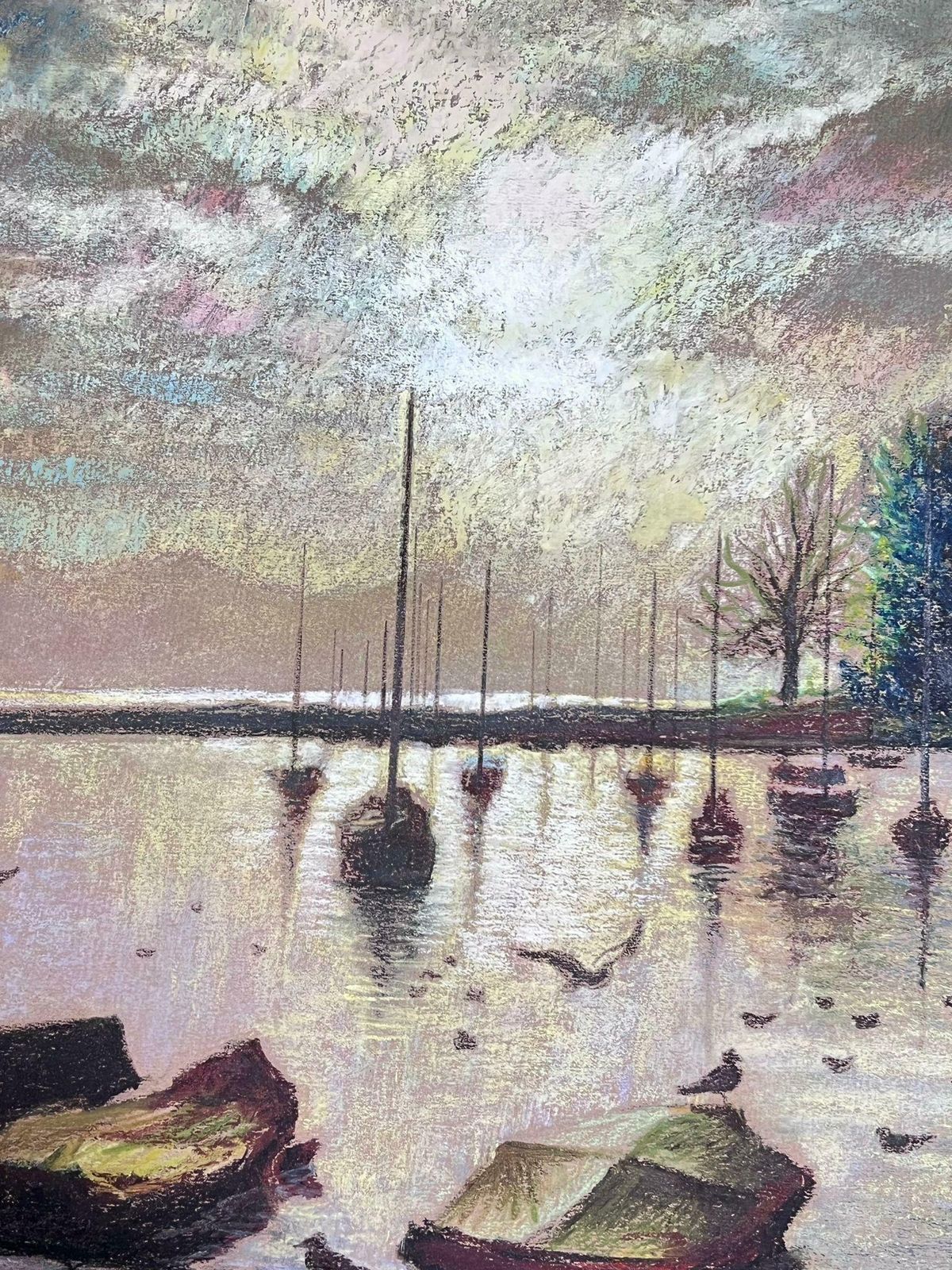 Josine Vignondappled Light Over Still Harbour Large 1970's French Impressionist Pastel 1977 photo Art