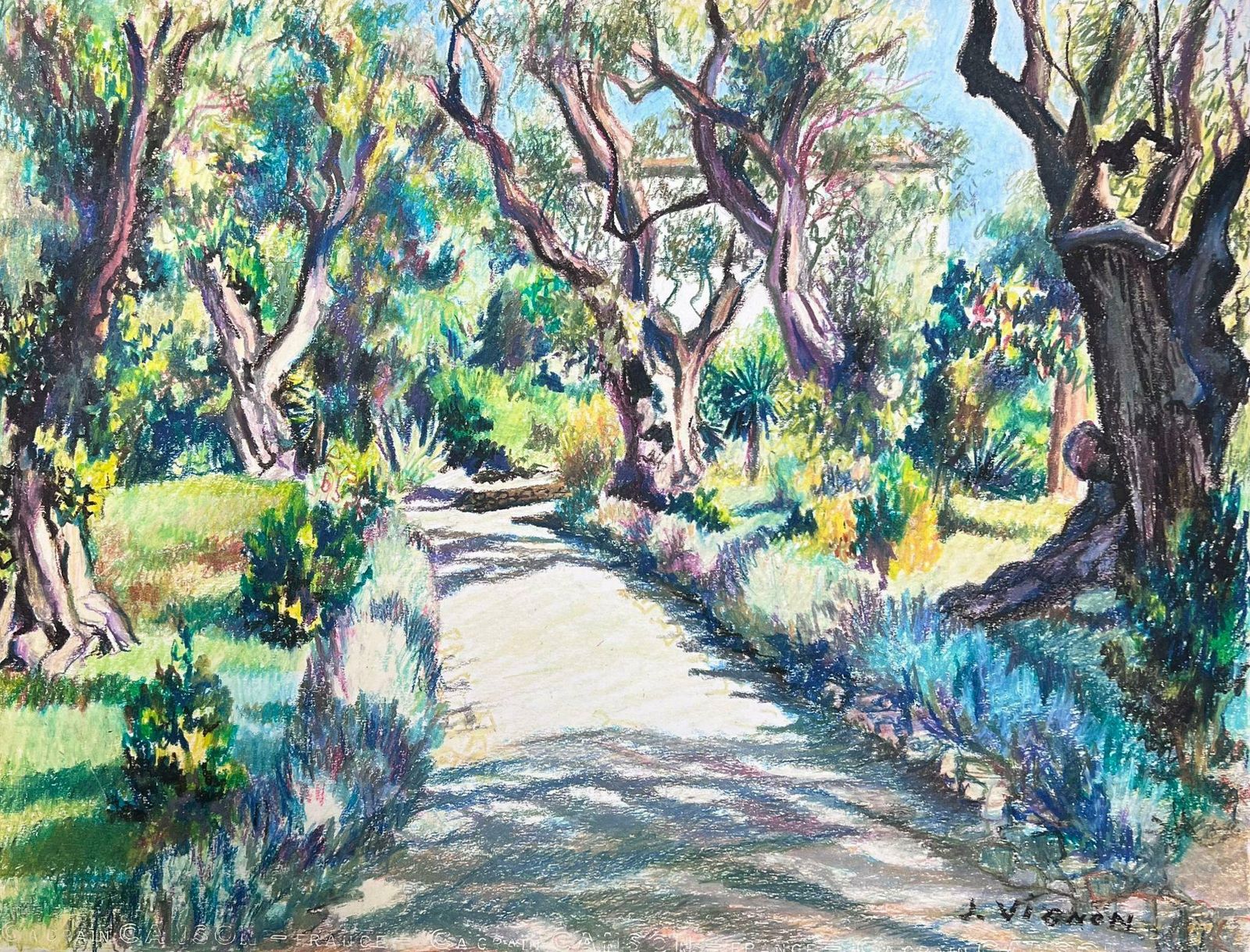 Josine Vignonsummer Coastal Tree Path Large 1970's French Impressionist Pastel 1977