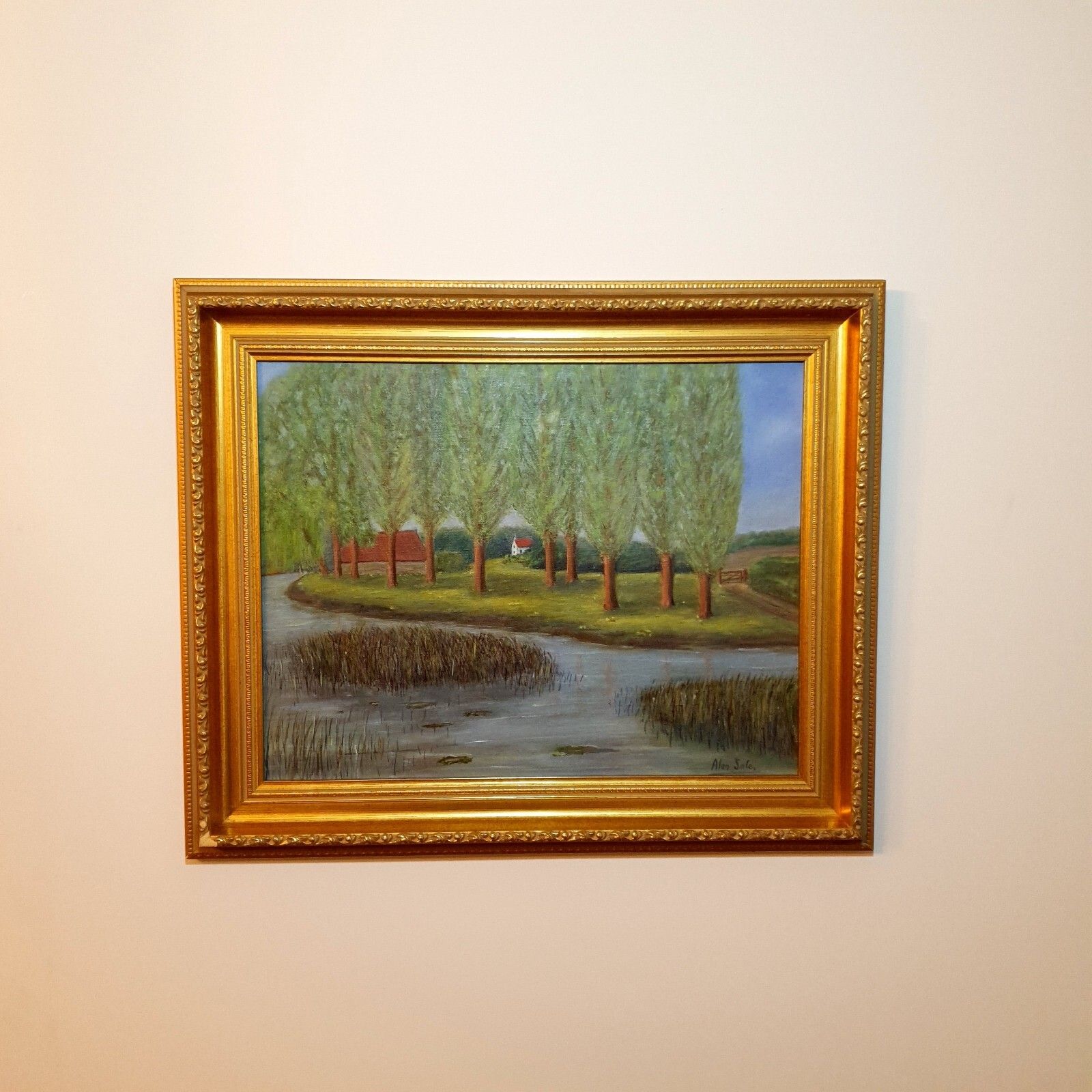 Original Oil Painting By Alan Sale By The River At Newton Blossomville, Framed photo furniture