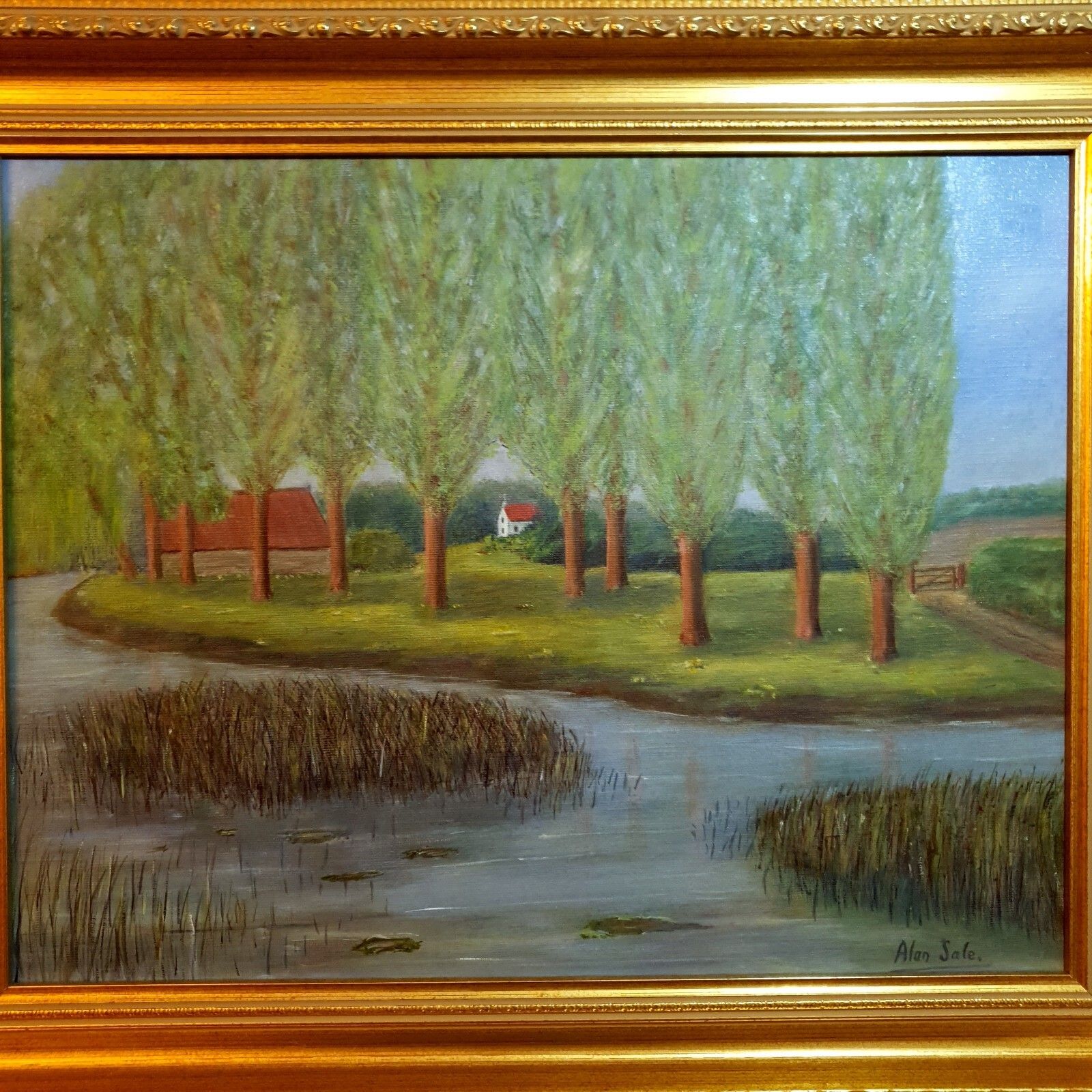 Original Oil Painting By Alan Sale By The River At Newton Blossomville, Framed photo Art