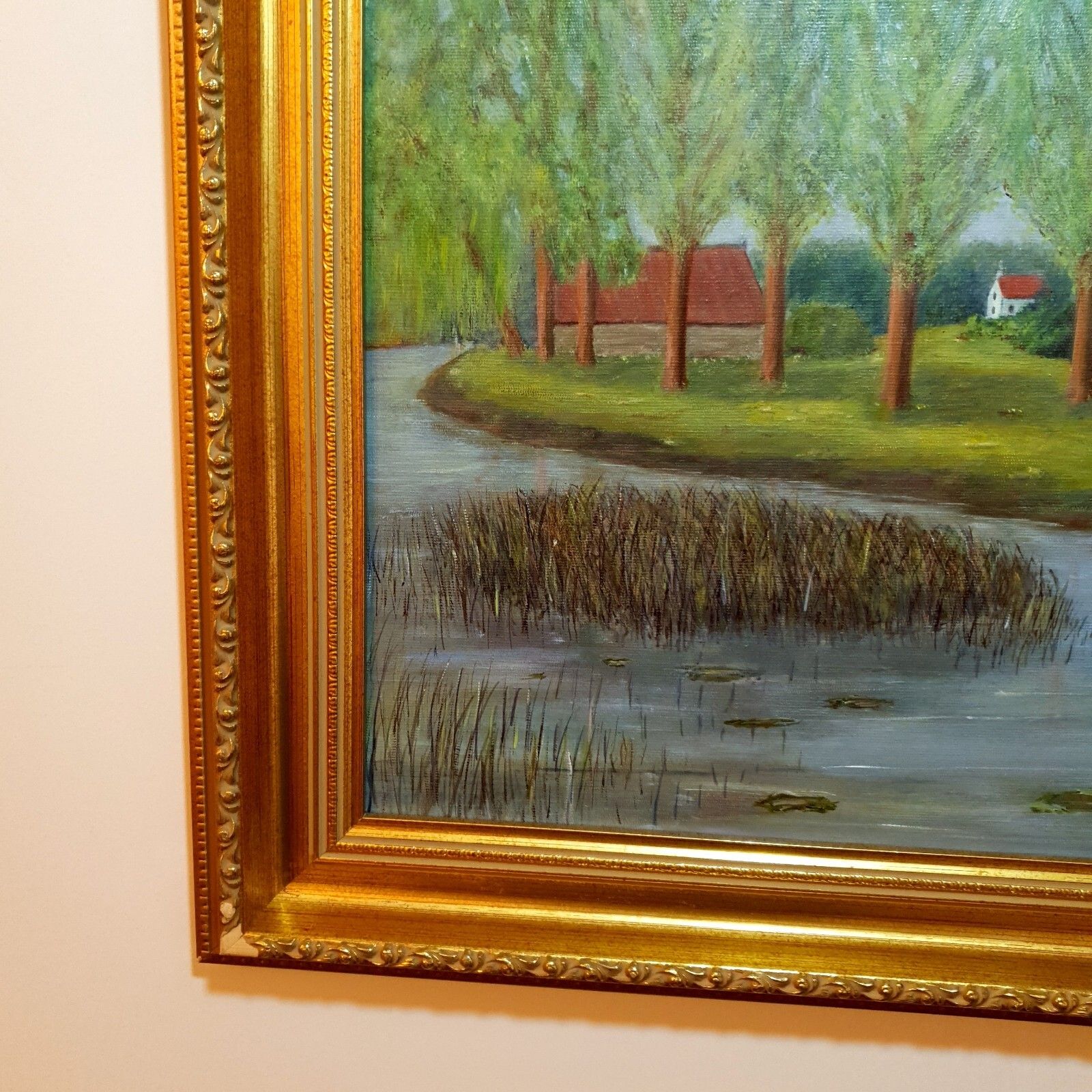 Original Oil Painting By Alan Sale By The River At Newton Blossomville, Framed photo vintage