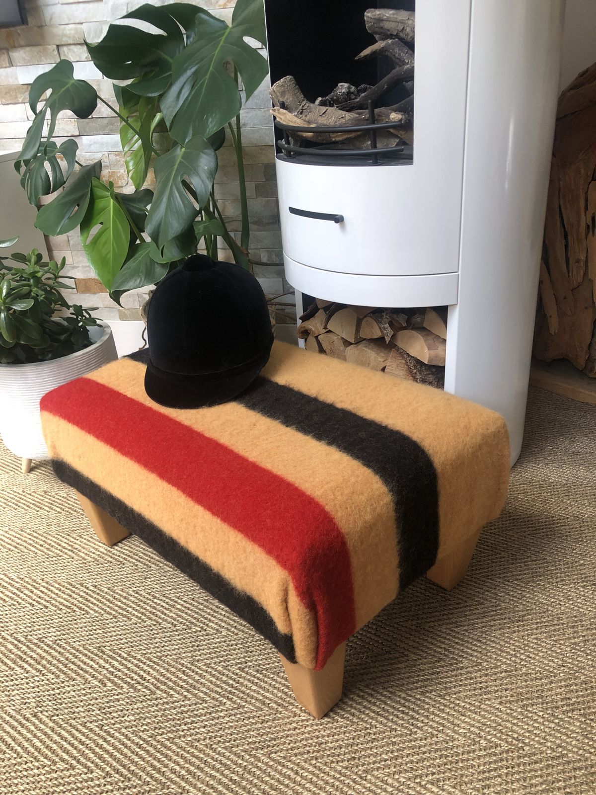 Beautifully Renovated Newmarket Wool Cheltenham Gold Stripe Footstool photo Furniture