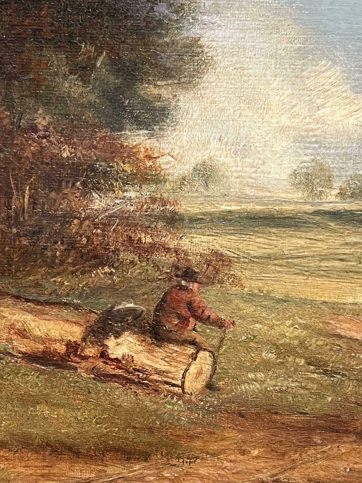 photo furniture Antique English 19th Century English Oil Pastoral Landscape With Woodcutter And Cattle Grazing 19th Century