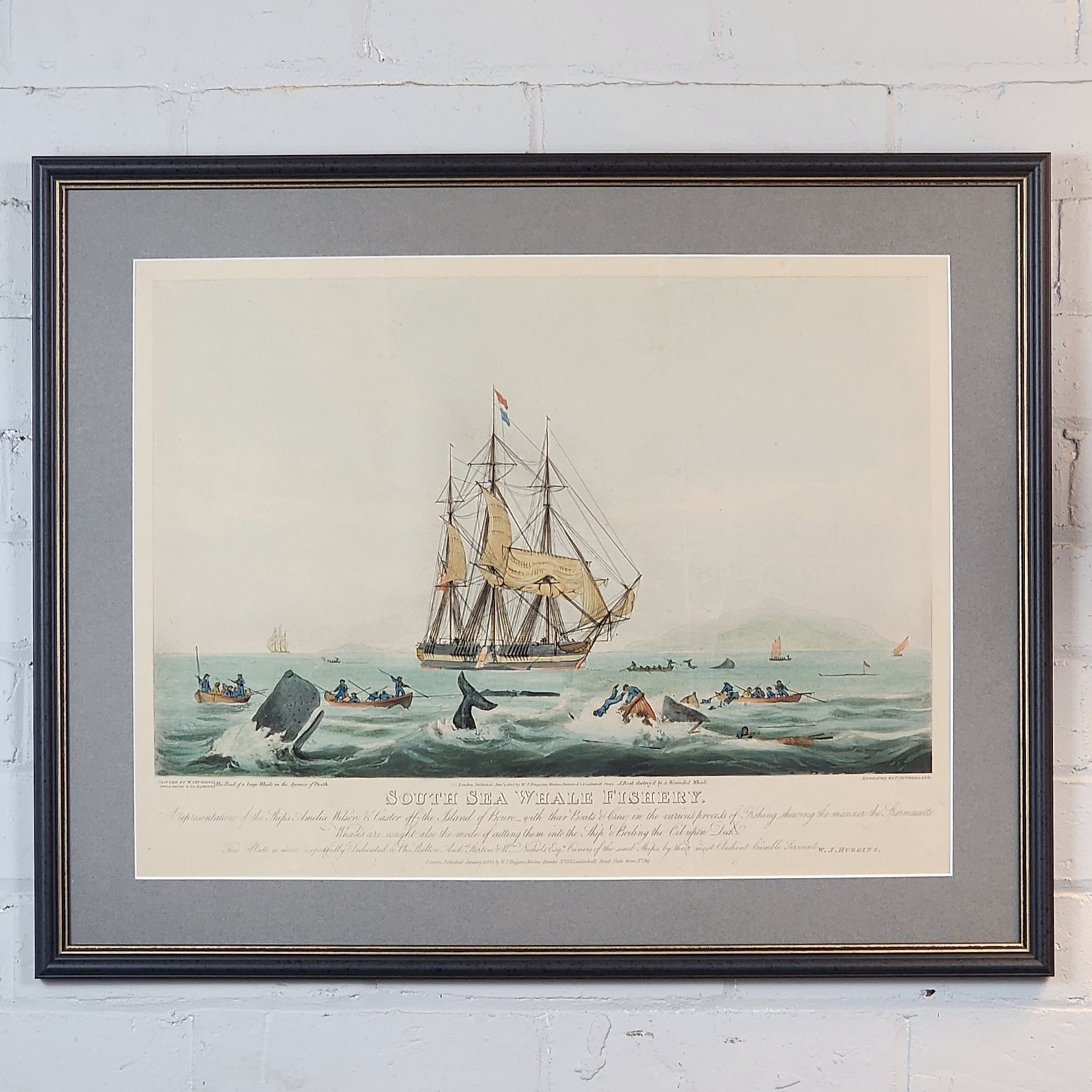 Framed Antique Aquatint South Sea Whale Fishery 19th C After William Huggins