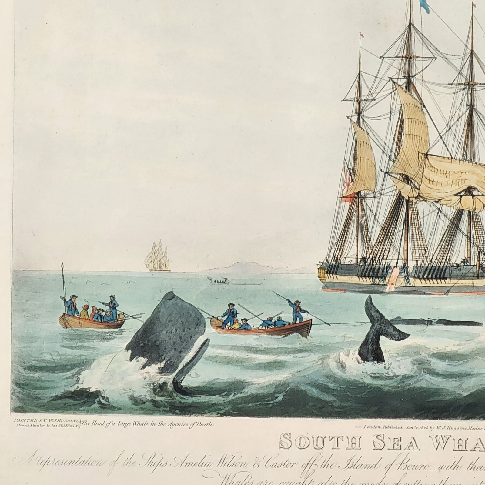 Framed Antique Aquatint South Sea Whale Fishery 19th C After William Huggins photo for sale