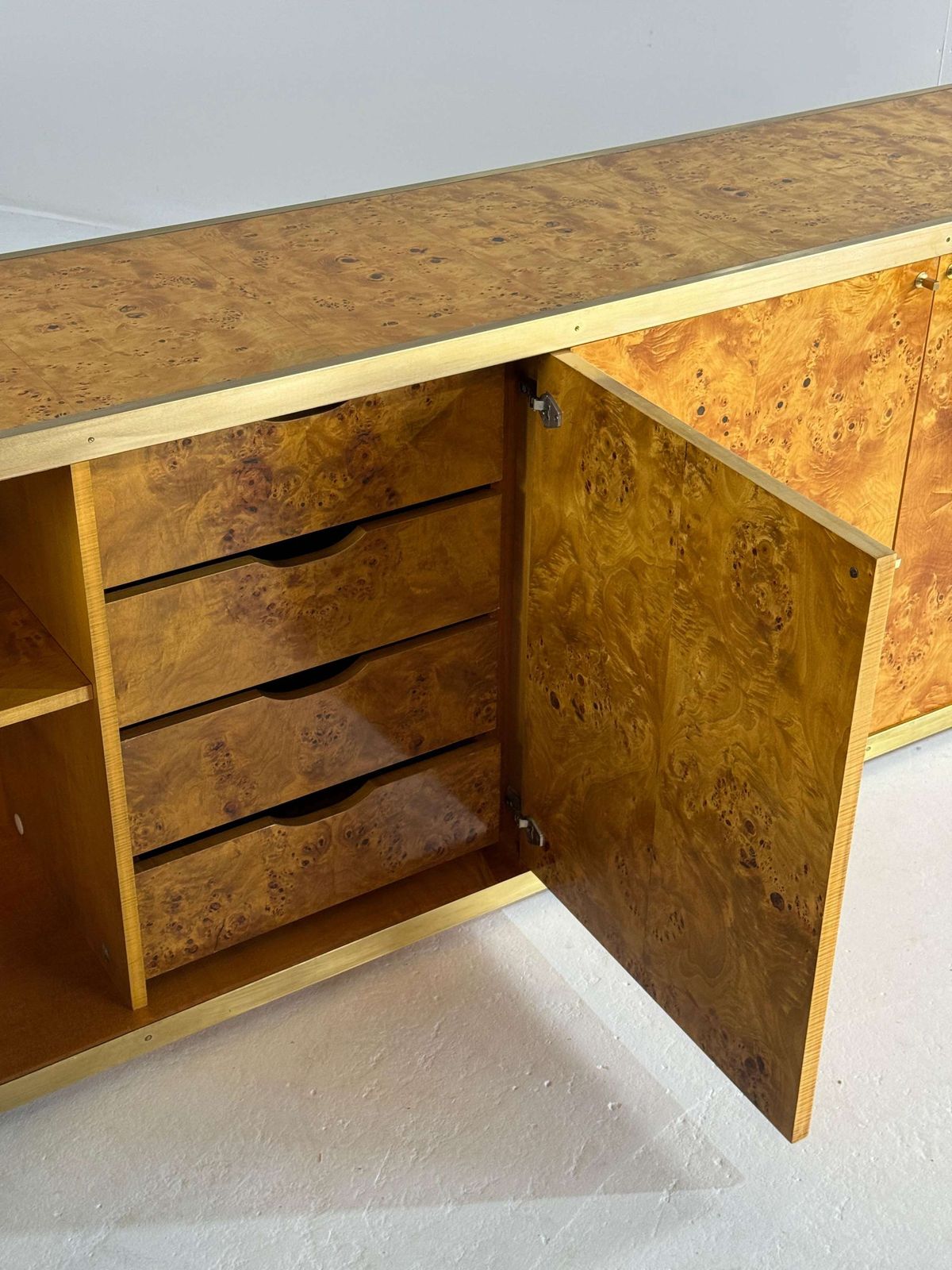 Lacquered Burlwood And Brass Credenza, 1970s photo buy