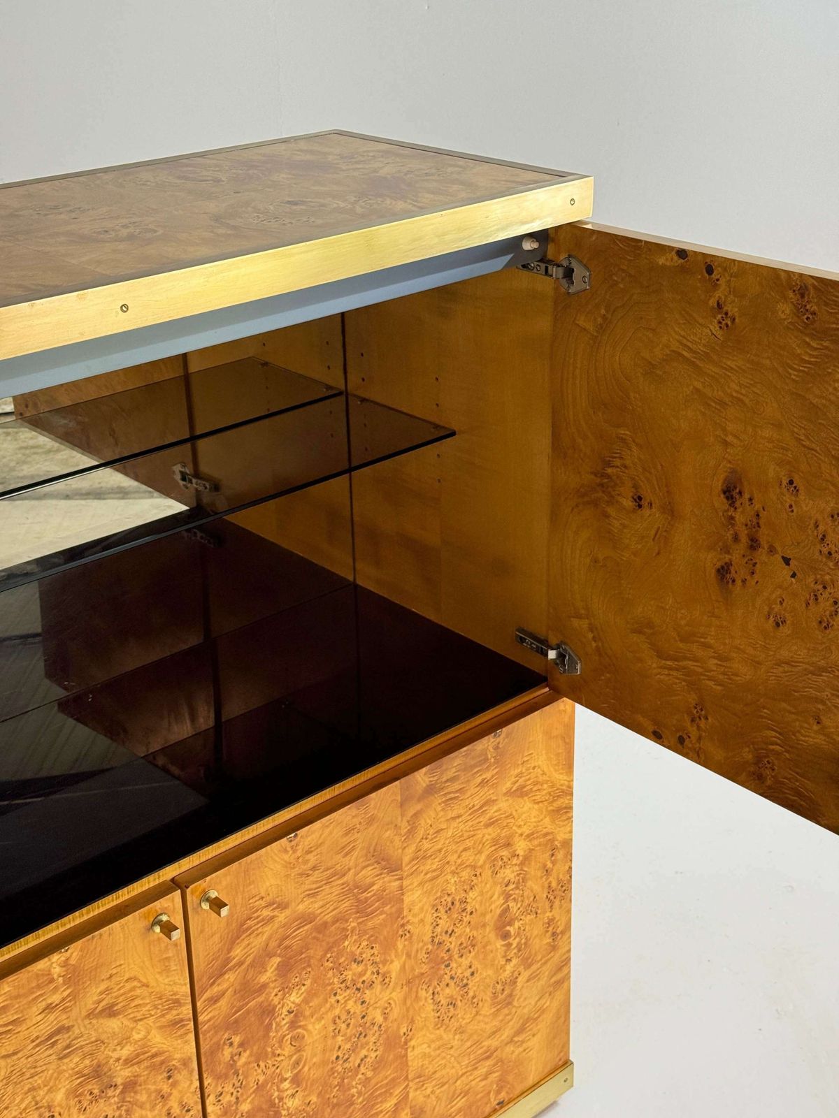 Exclusive Lacquered Burlwood And Brass Bar Cabinet, 1970s photo vintage
