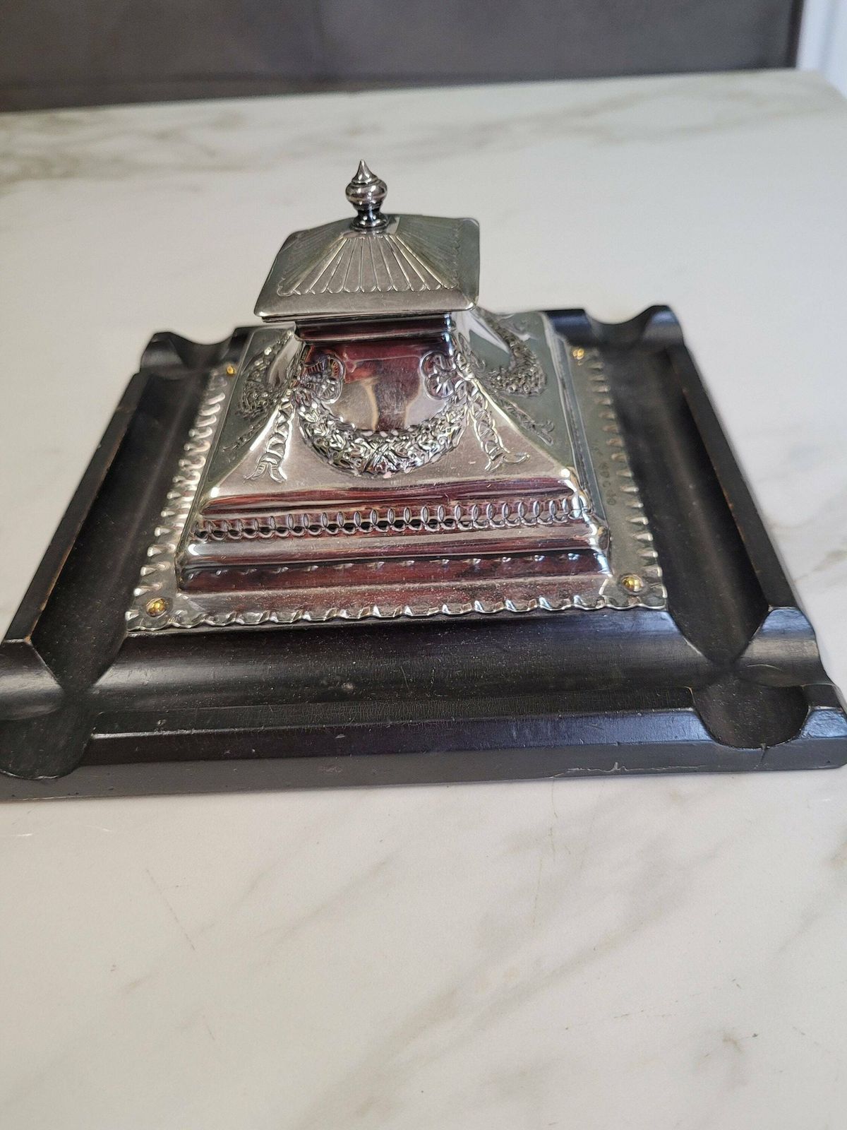 Antique Silver Plate And Wood Large Pyramid Inkwell