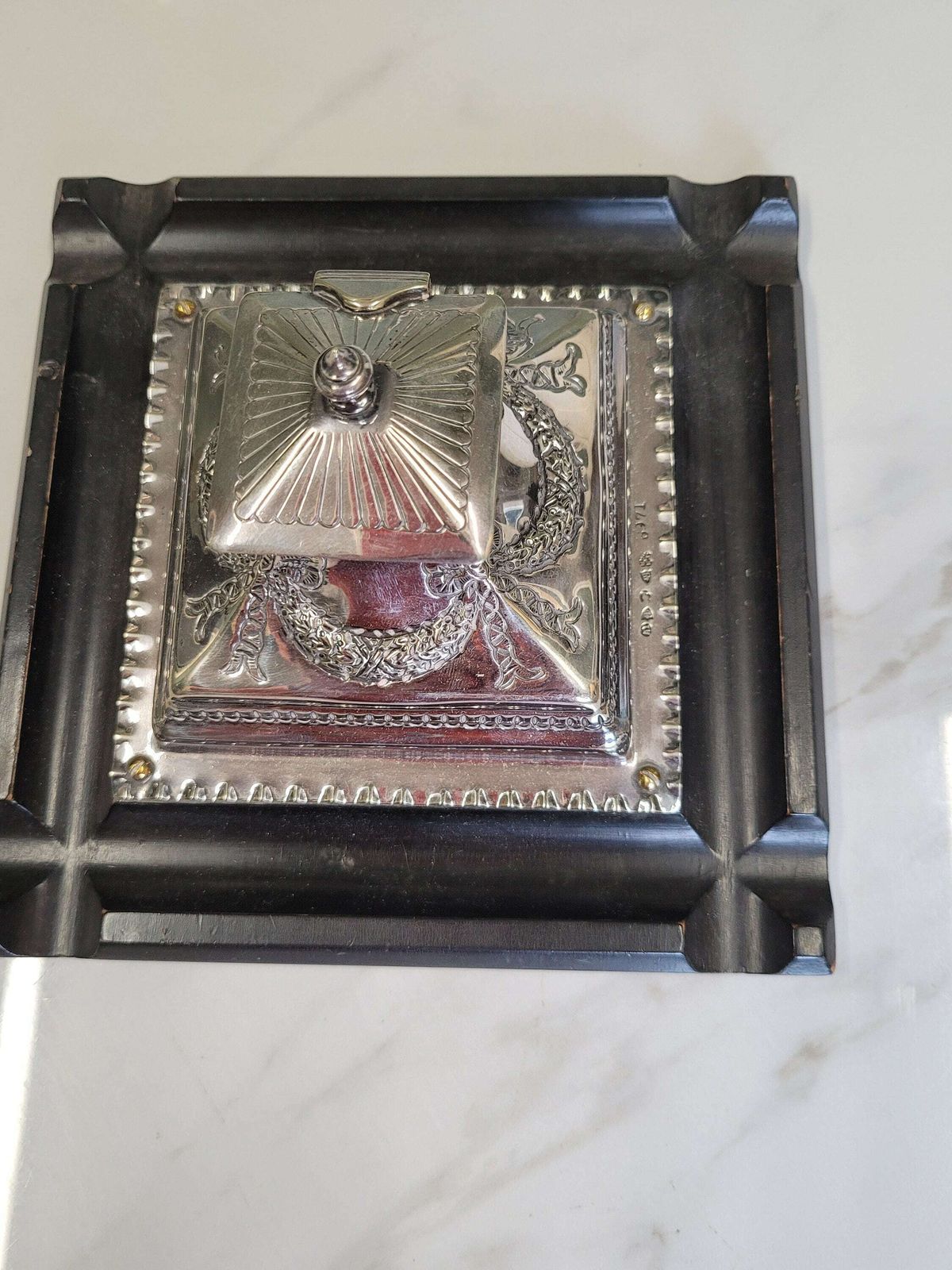 Antique Silver Plate And Wood Large Pyramid Inkwell photo for sale